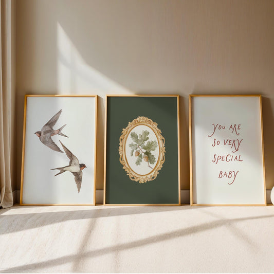 Olive Green Botanical Nursery Prints - Set of 3 - Vintage Swallow Bird Nursery Wall Art