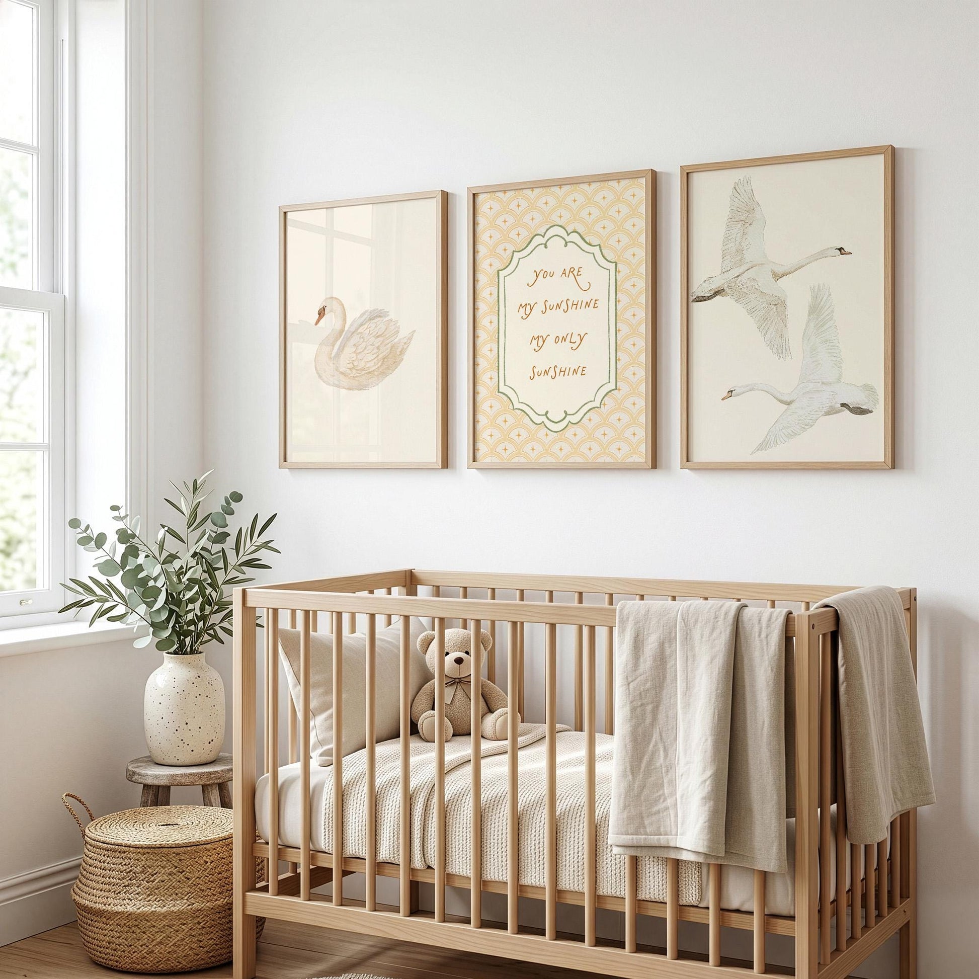Swan Nursery Wall Art Set of 3 Prints, Vintage Yellow You Are My Sunshine Baby Room Quote