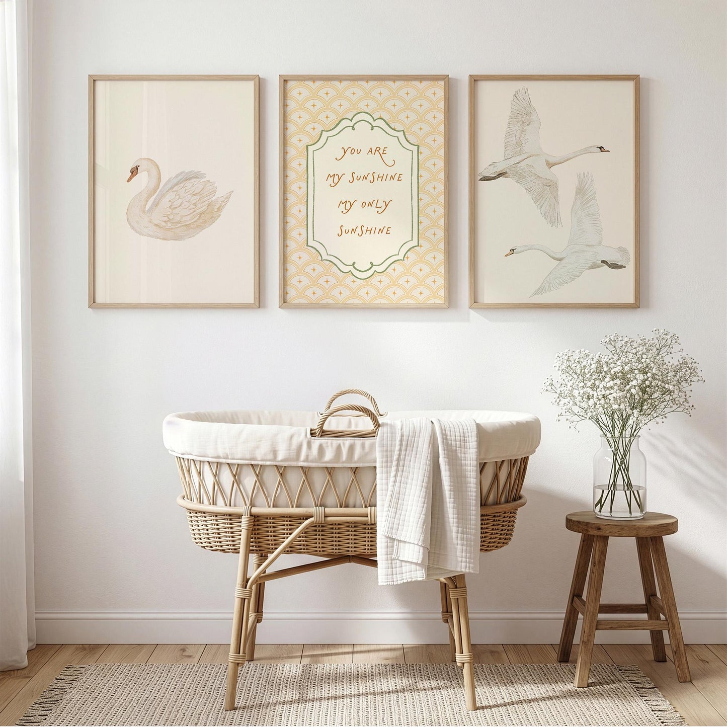 Swan Nursery Wall Art Set of 3 Prints, Vintage Yellow You Are My Sunshine Baby Room Quote