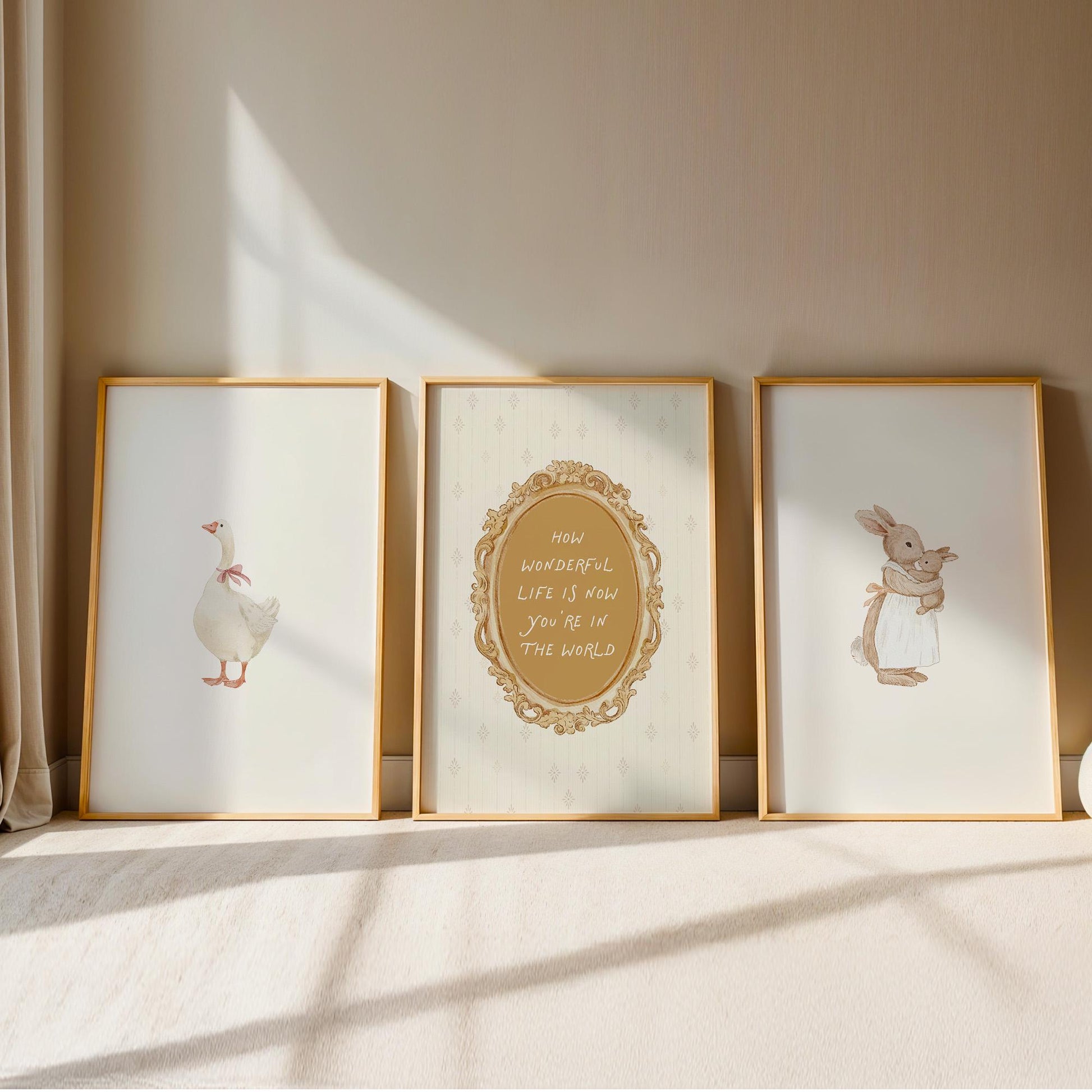Vintage Nursery Set of 3 Prints, Goose and Bunny Wall Art, Beige Gold Nursery Decor