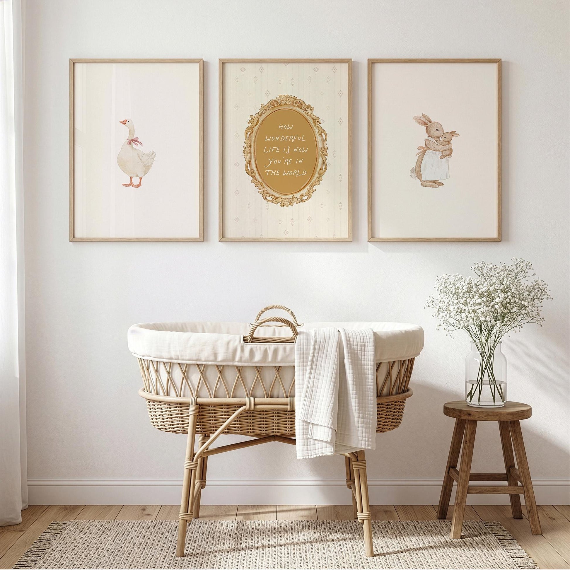 Vintage Nursery Set of 3 Prints, Goose and Bunny Wall Art, Beige Gold Nursery Decor