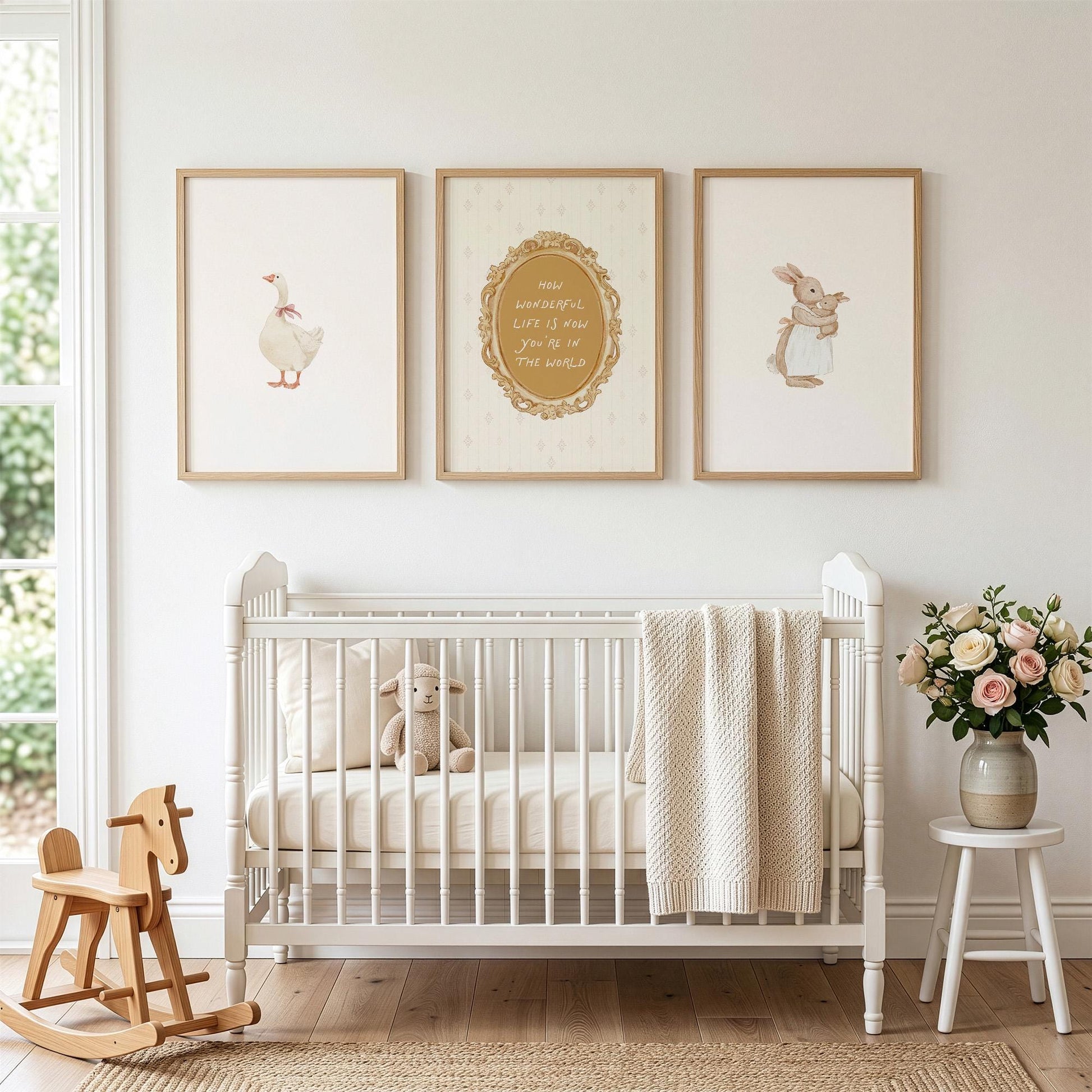 Vintage Nursery Set of 3 Prints, Goose and Bunny Wall Art, Beige Gold Nursery Decor