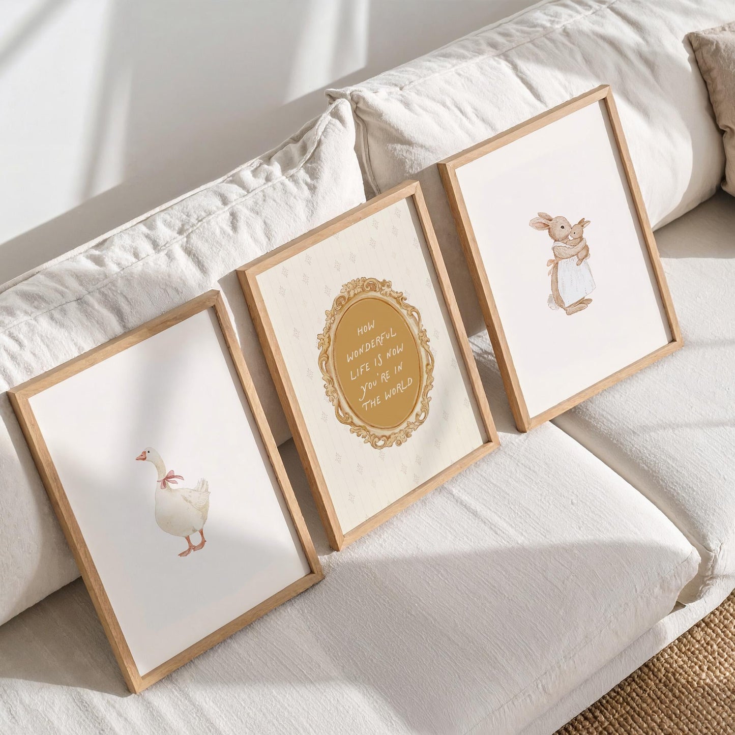 Vintage Nursery Set of 3 Prints, Goose and Bunny Wall Art, Beige Gold Nursery Decor
