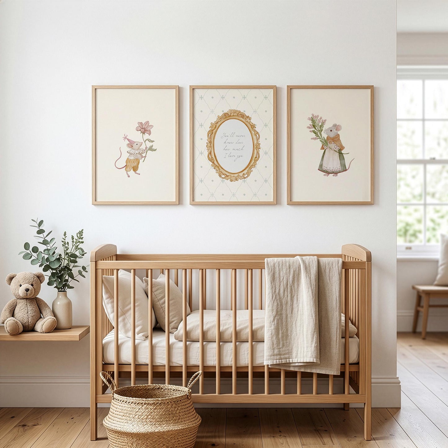 Mouse Nursery Wall Art Set of 3, Baby Girl Nursery Prints, Pink Neutral Nursery Decor