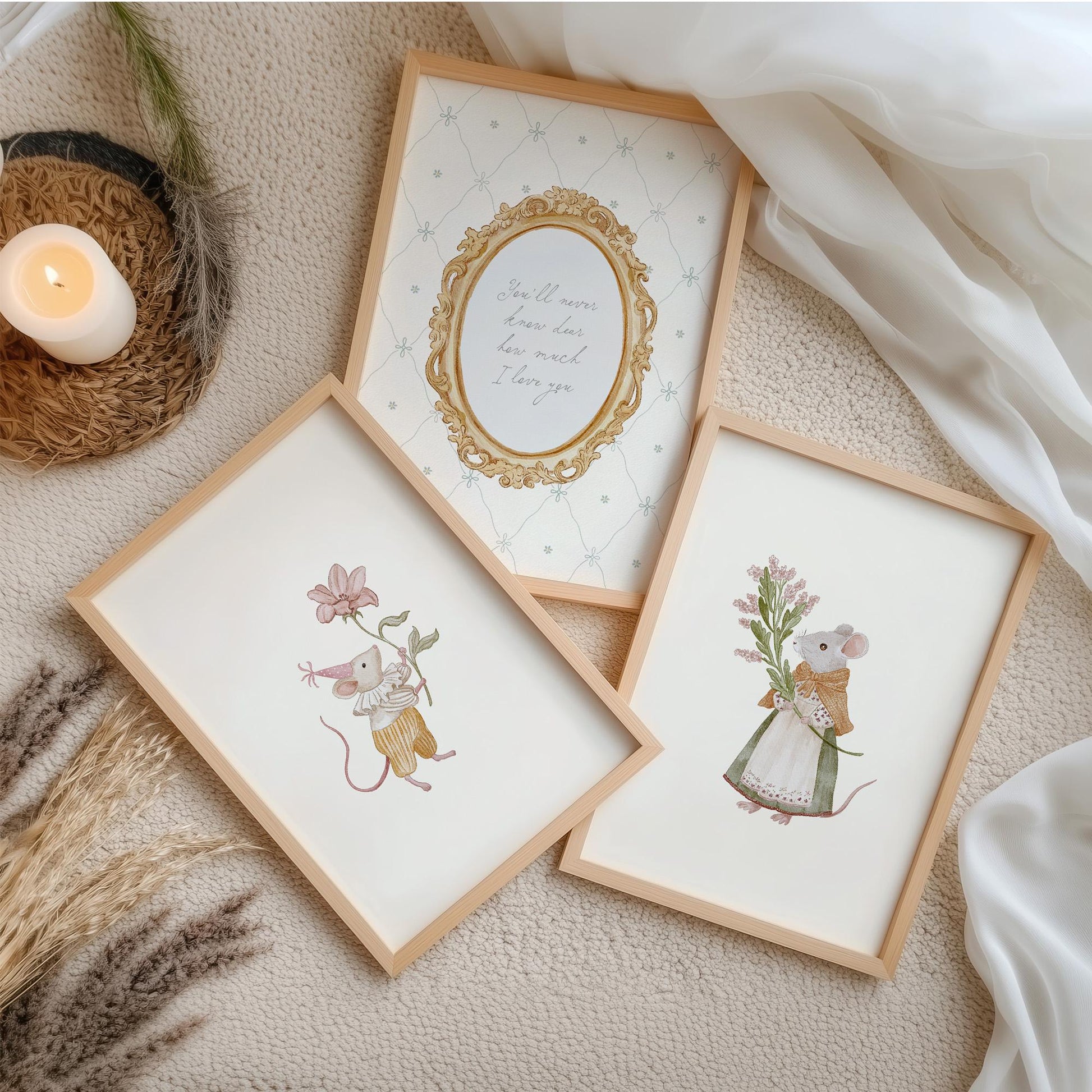 Mouse Nursery Wall Art Set of 3, Baby Girl Nursery Prints, Pink Neutral Nursery Decor