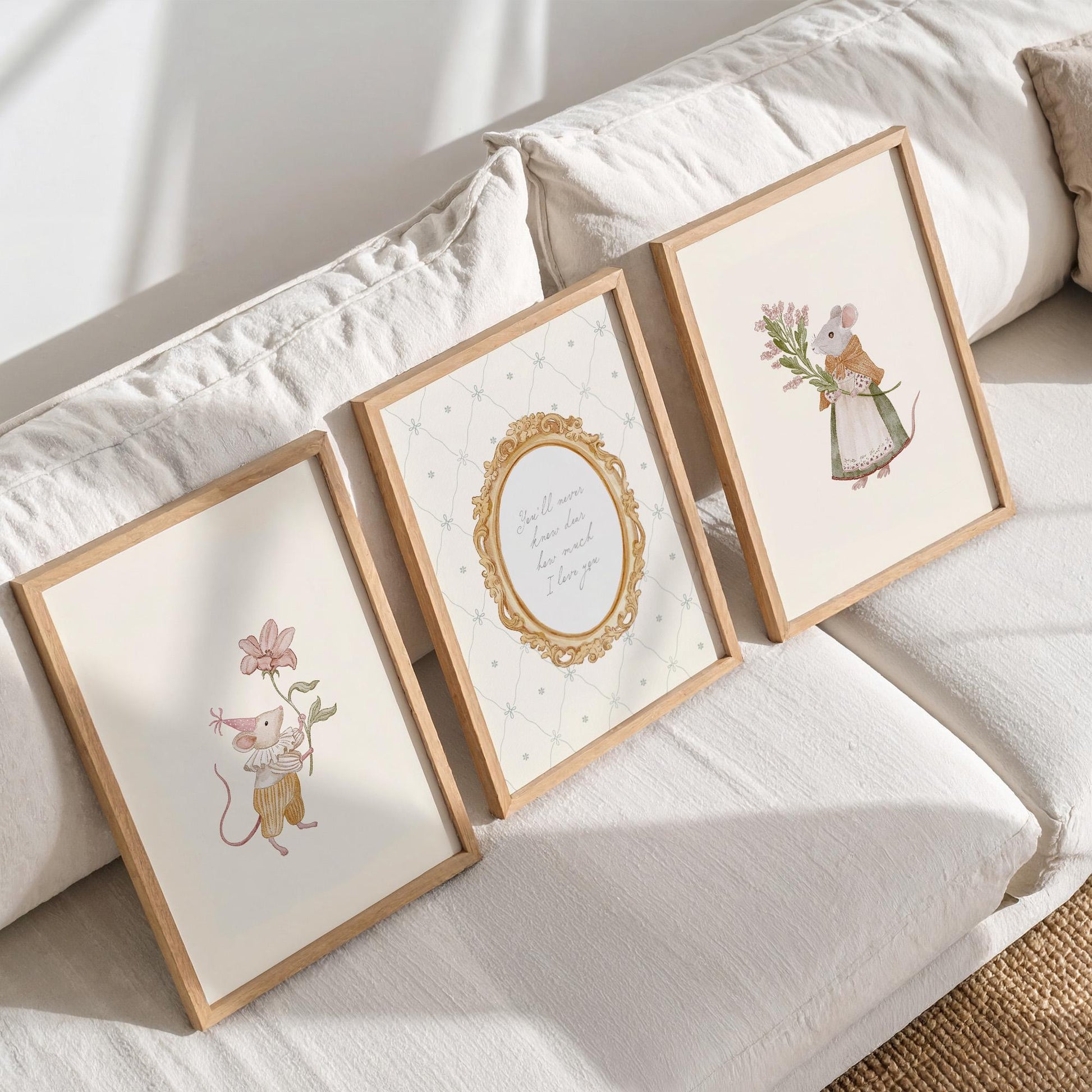 Mouse Nursery Wall Art Set of 3, Baby Girl Nursery Prints, Pink Neutral Nursery Decor