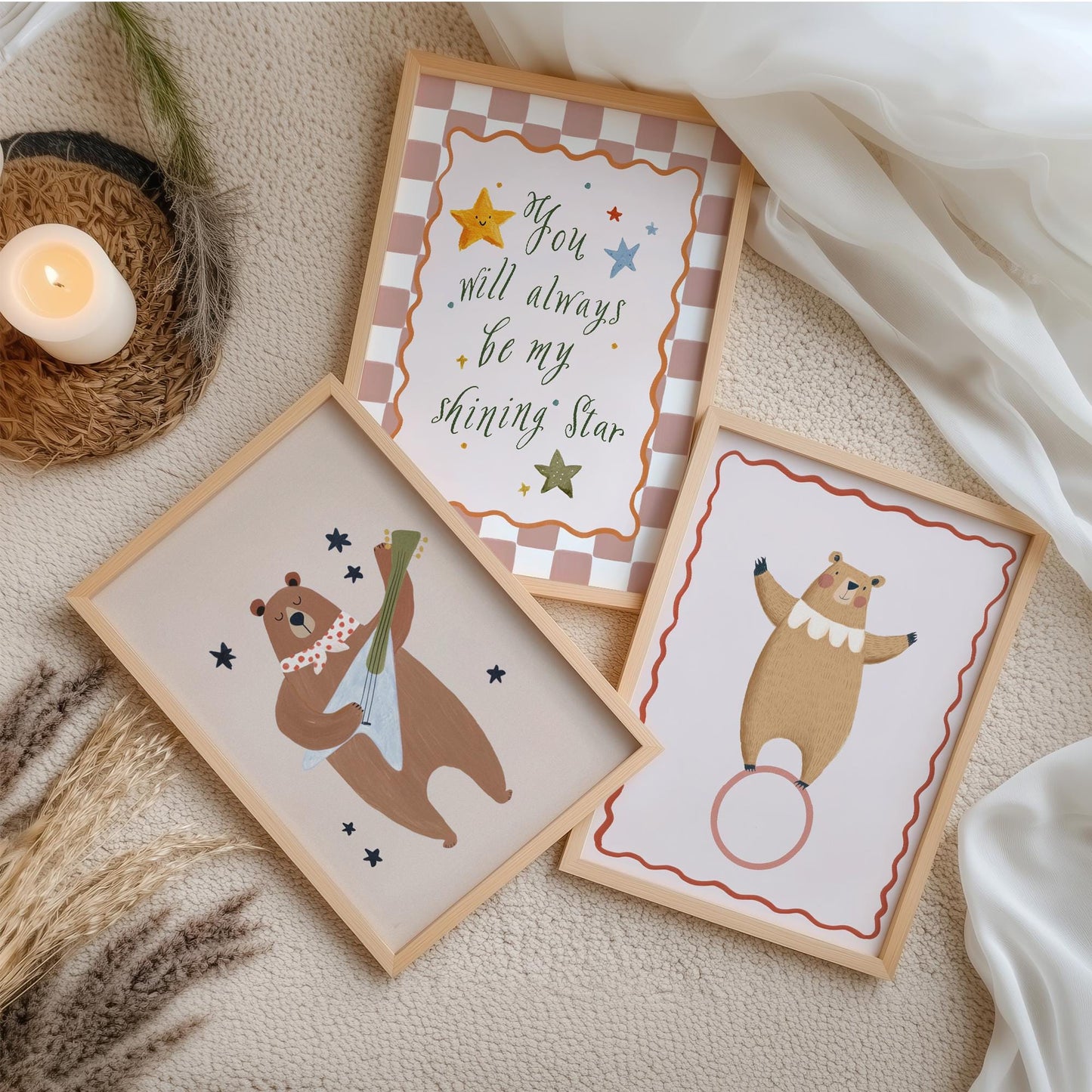 Bear Nursery Wall Art Set of 3, Baby Room Prints, Gender Neutral Nursery Decor