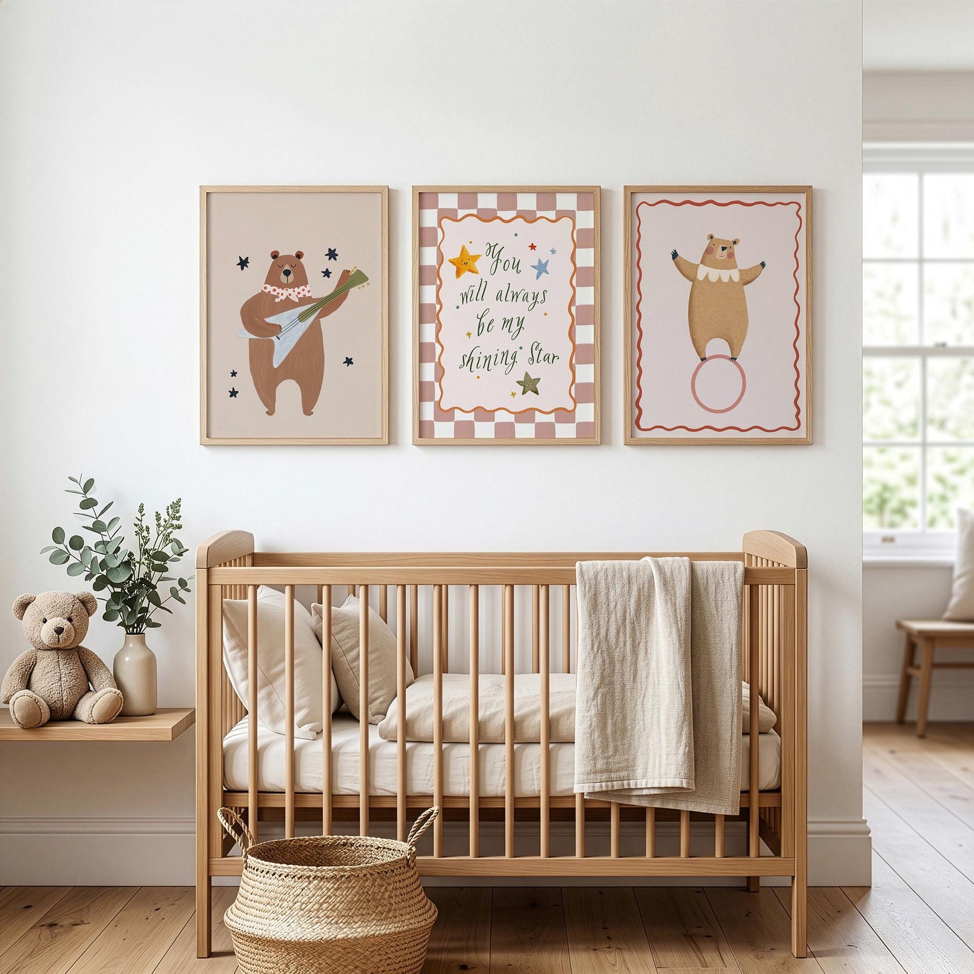 Bear Nursery Wall Art Set of 3, Baby Room Prints, Gender Neutral Nursery Decor
