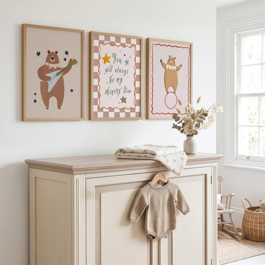 Bear Nursery Wall Art Set of 3, Baby Room Prints, Gender Neutral Nursery Decor