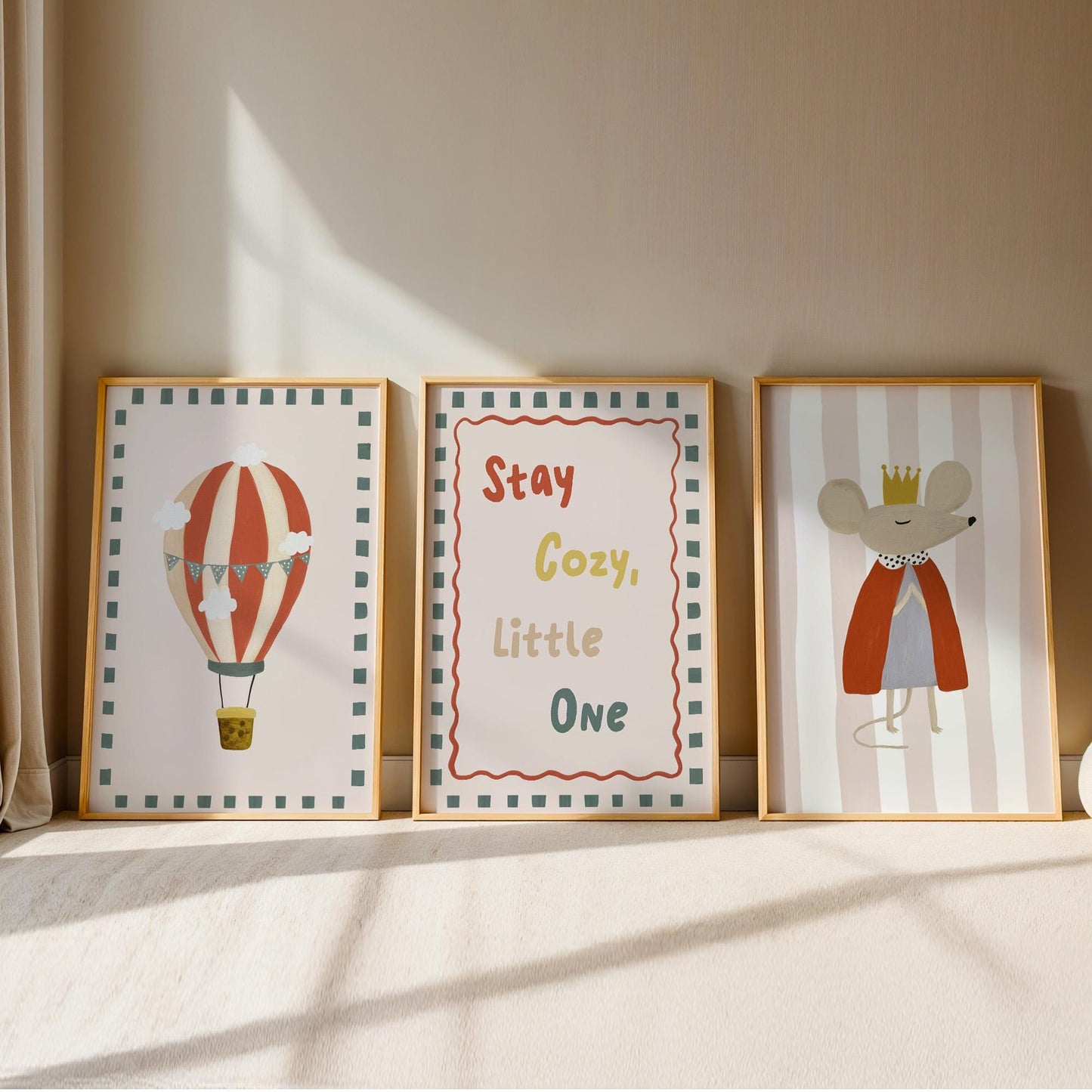 Stay Cosy Nursery Wall Art Set of 3, Hot Air Balloon & Mouse Prints, Neutral Nursery Decor