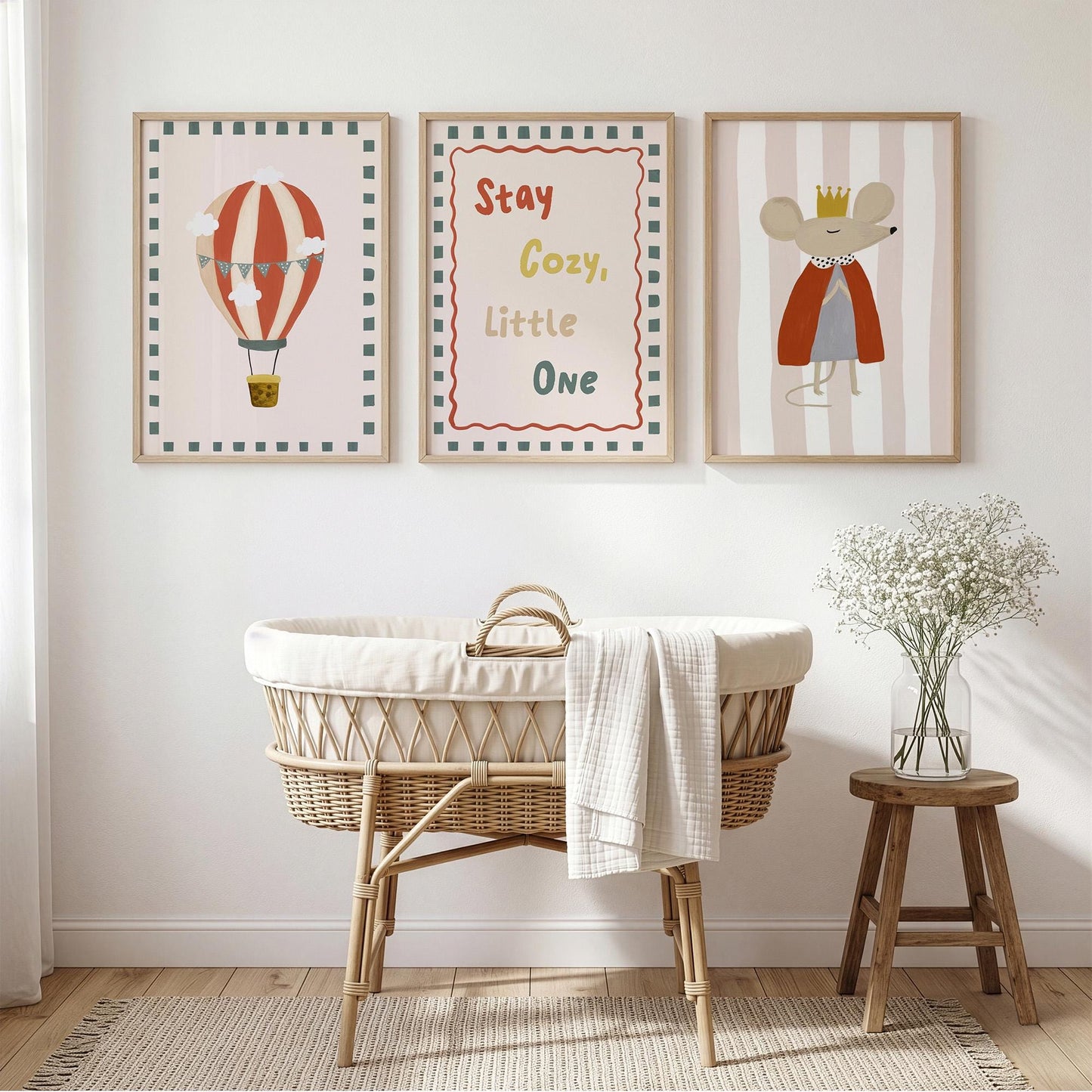 Stay Cosy Nursery Wall Art Set of 3, Hot Air Balloon & Mouse Prints, Neutral Nursery Decor