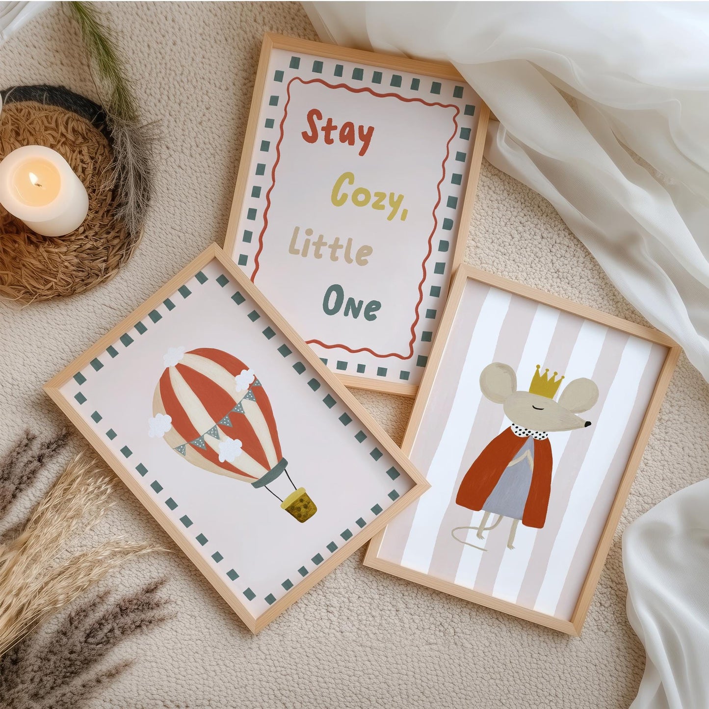 Stay Cosy Nursery Wall Art Set of 3, Hot Air Balloon & Mouse Prints, Neutral Nursery Decor