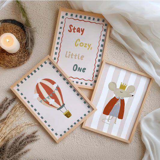 Stay Cosy Nursery Wall Art Set of 3, Hot Air Balloon & Mouse Prints, Neutral Nursery Decor