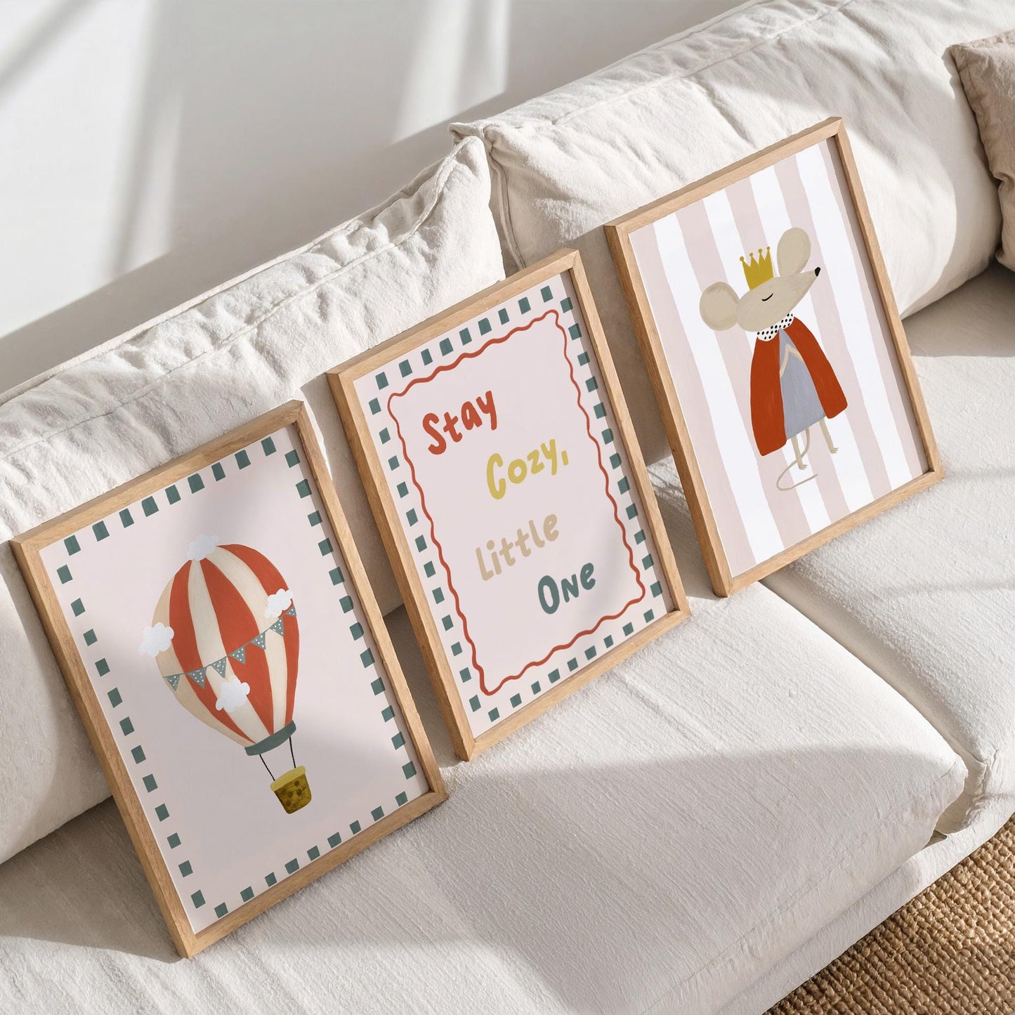 Stay Cosy Nursery Wall Art Set of 3, Hot Air Balloon & Mouse Prints, Neutral Nursery Decor