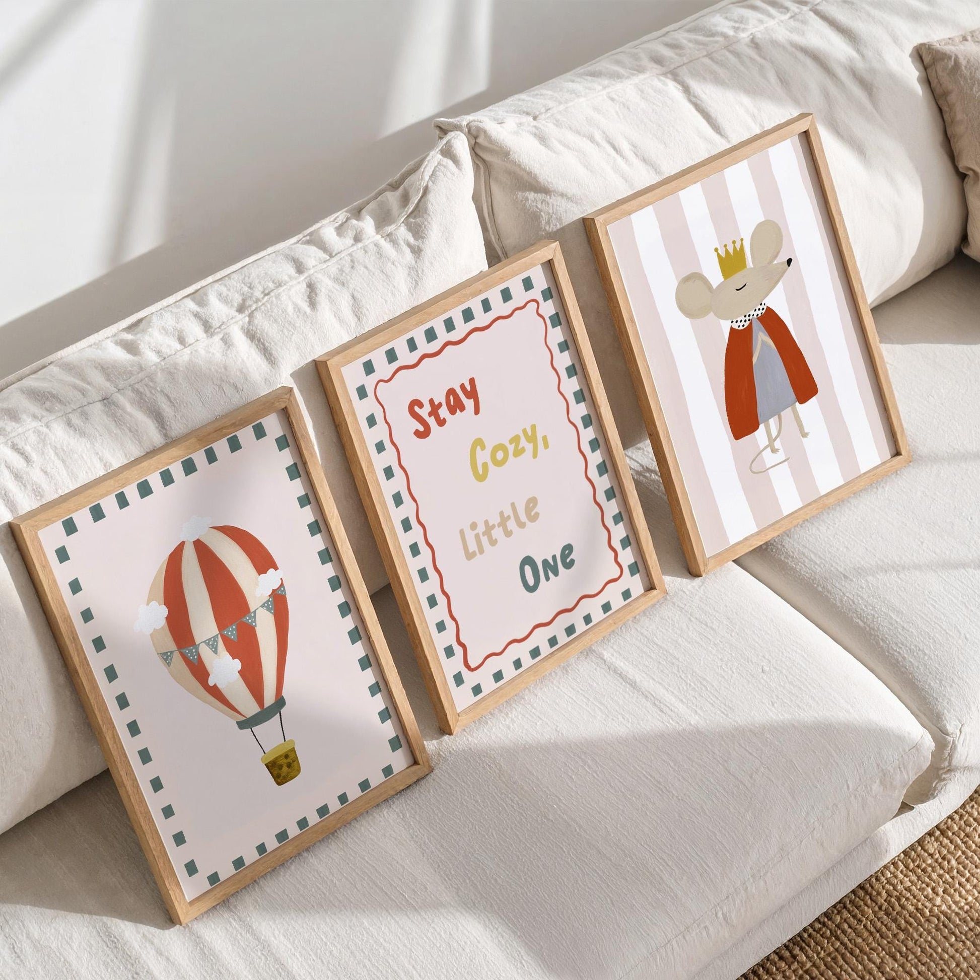 Stay Cosy Nursery Wall Art Set of 3, Hot Air Balloon & Mouse Prints, Neutral Nursery Decor