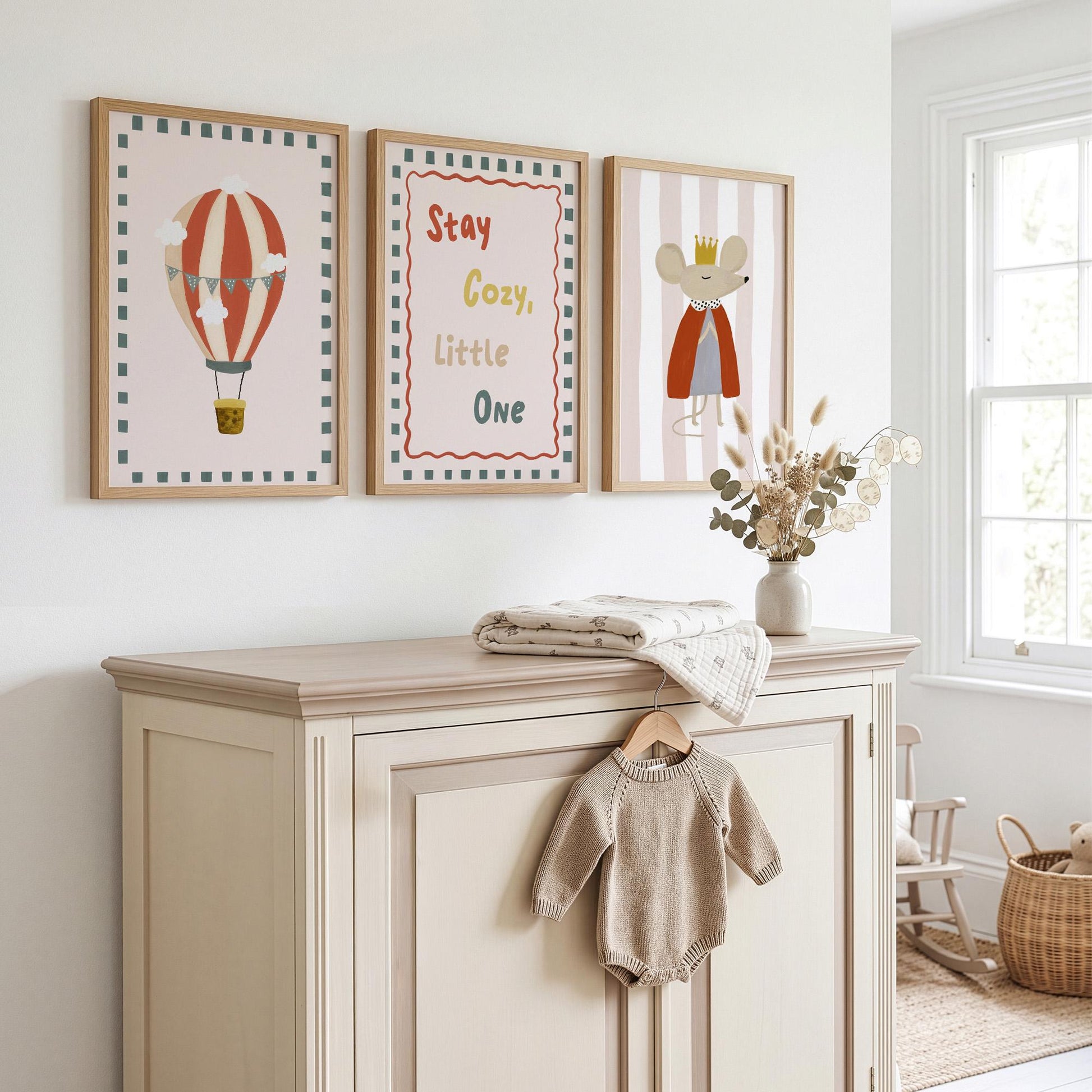 Stay Cosy Nursery Wall Art Set of 3, Hot Air Balloon & Mouse Prints, Neutral Nursery Decor