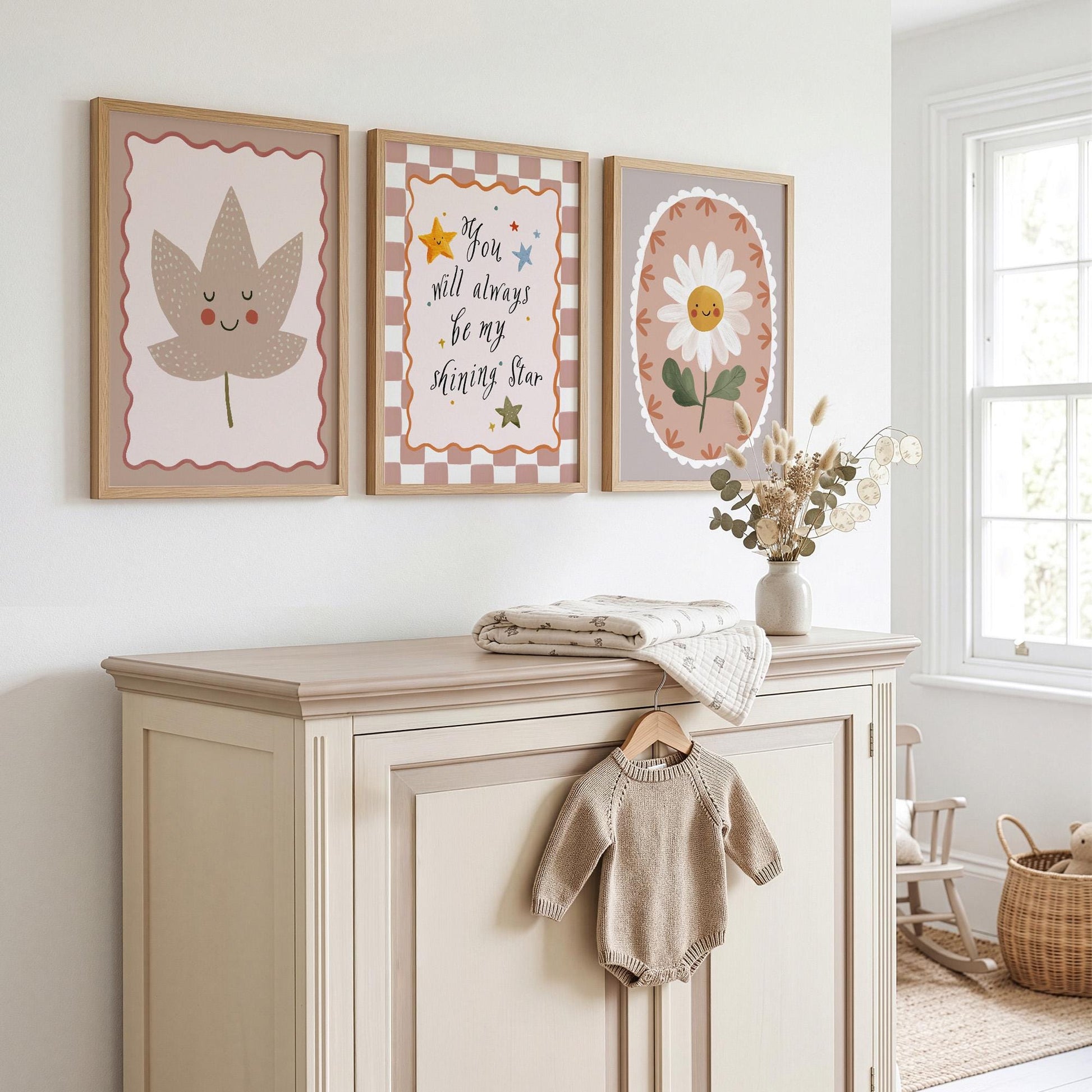 Shining Star Nursery Wall Art Set of 3, Daisy Flower Baby Room Print, Neutral Nursery Decor