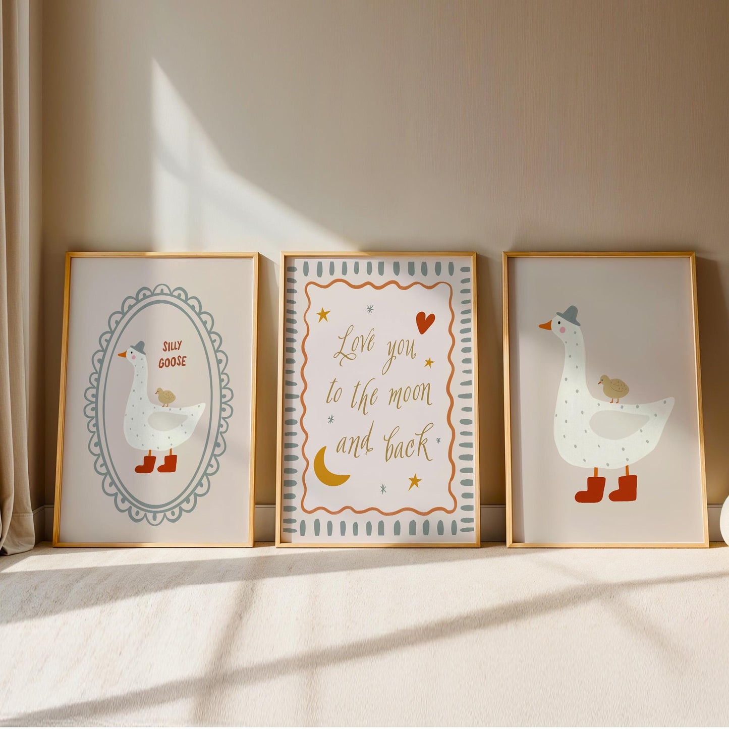 Silly Goose Nursery Wall Art Set of 3, Love You to the Moon and Back Baby Room Prints, Neutral Nursery Decor