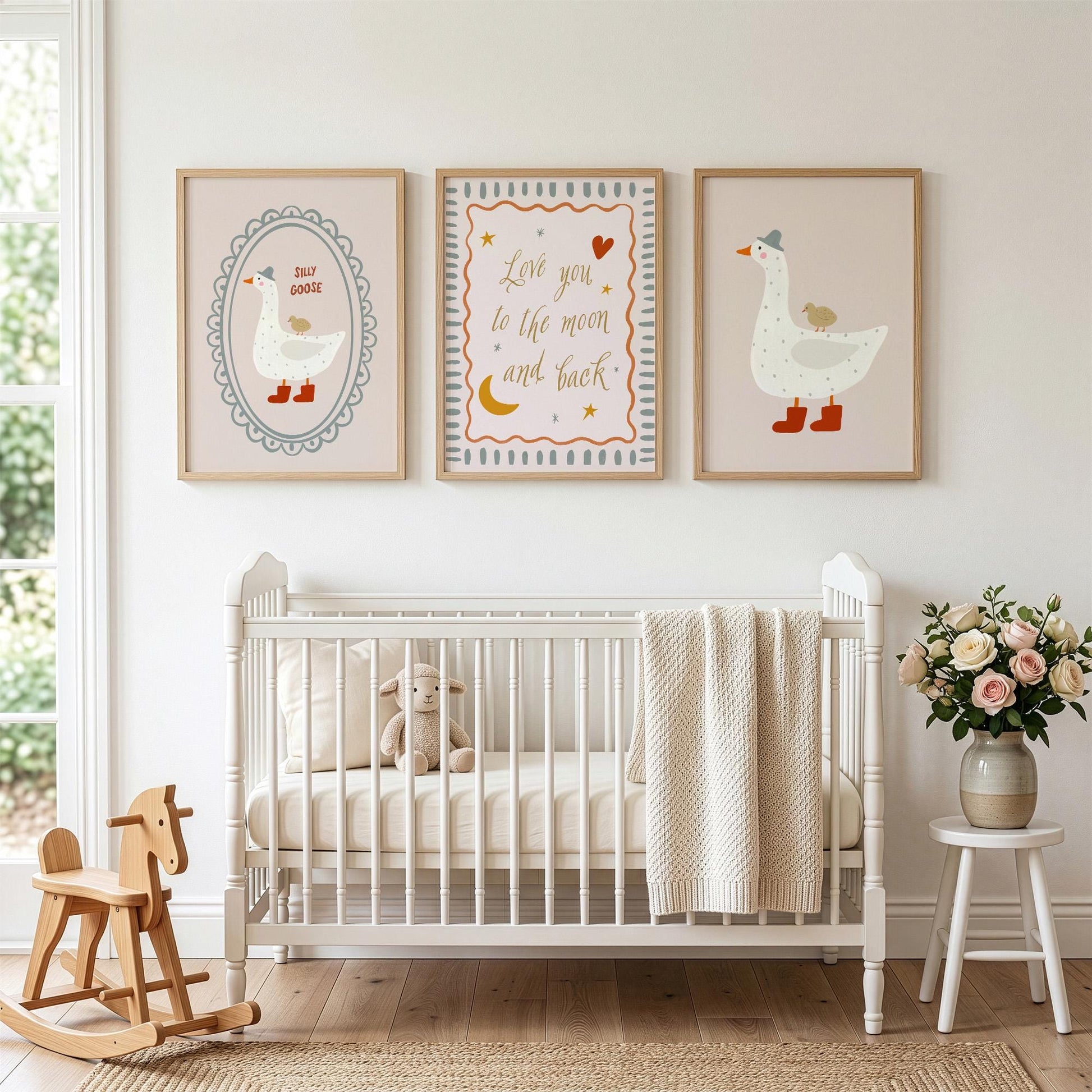 Silly Goose Nursery Wall Art Set of 3, Love You to the Moon and Back Baby Room Prints, Neutral Nursery Decor