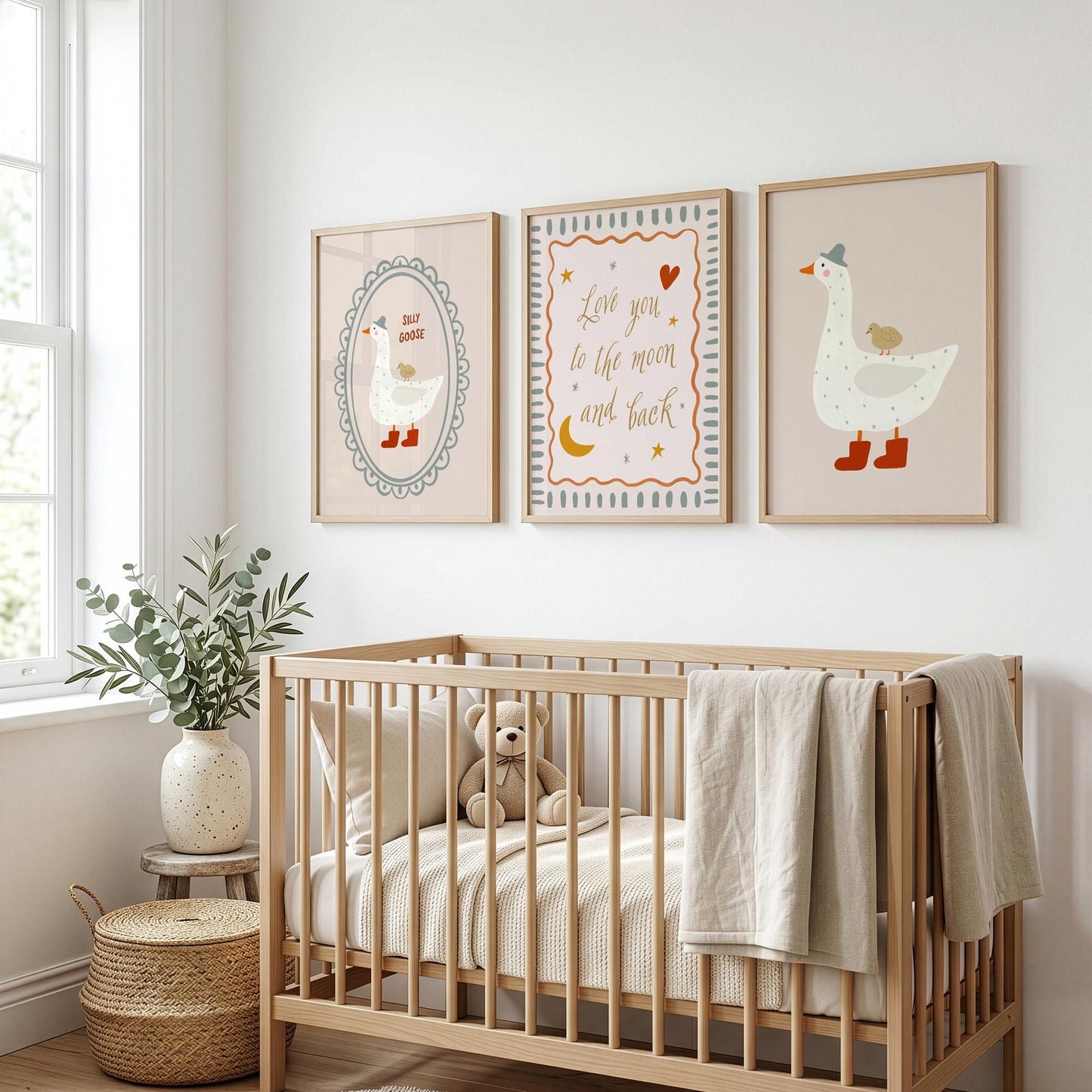 Silly Goose Nursery Wall Art Set of 3, Love You to the Moon and Back Baby Room Prints, Neutral Nursery Decor