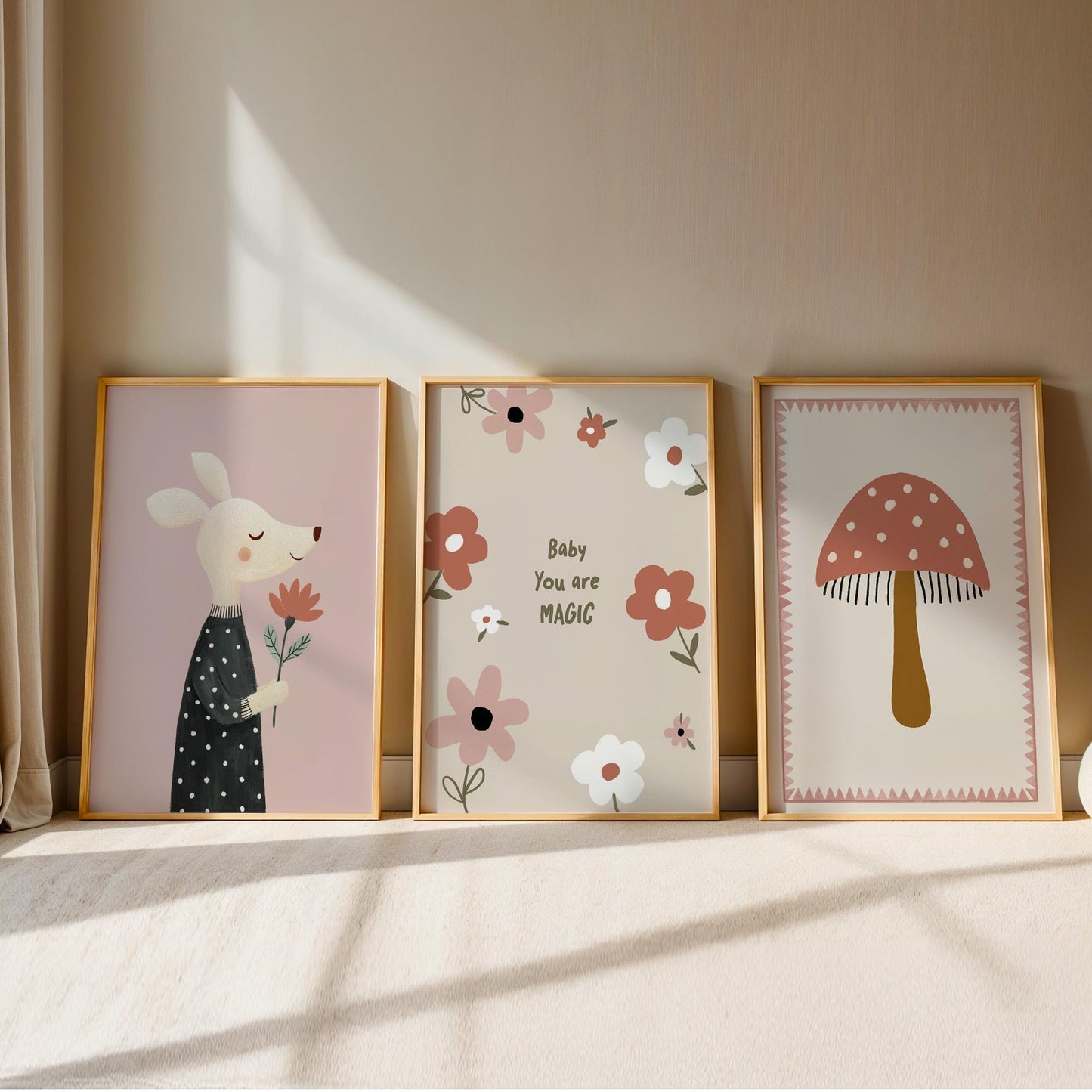 You Are Magic Nursery Wall Art Set of 3, Baby Girl Nursery Decor, Mushroom & Mouse Prints