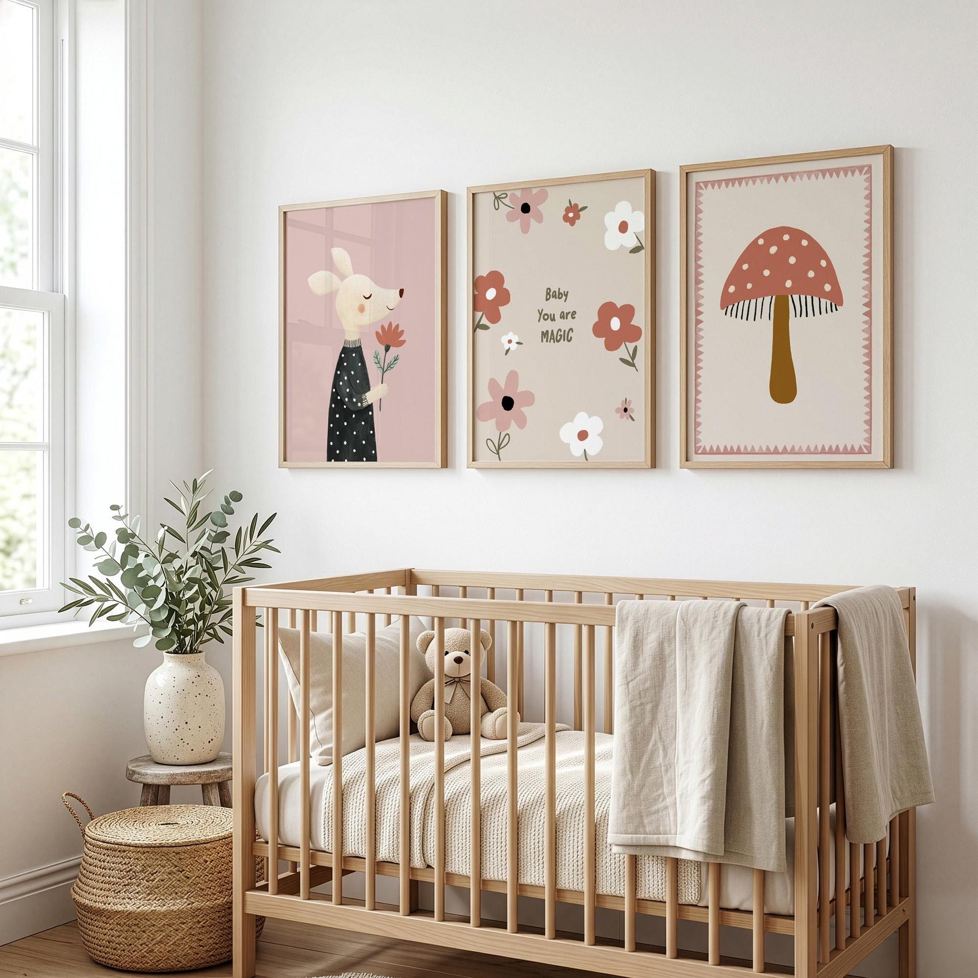 You Are Magic Nursery Wall Art Set of 3, Baby Girl Nursery Decor, Mushroom & Mouse Prints