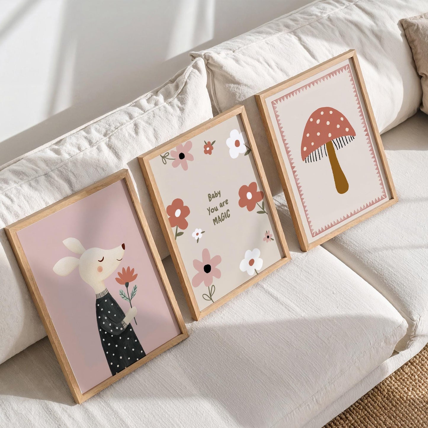 You Are Magic Nursery Wall Art Set of 3, Baby Girl Nursery Decor, Mushroom & Mouse Prints