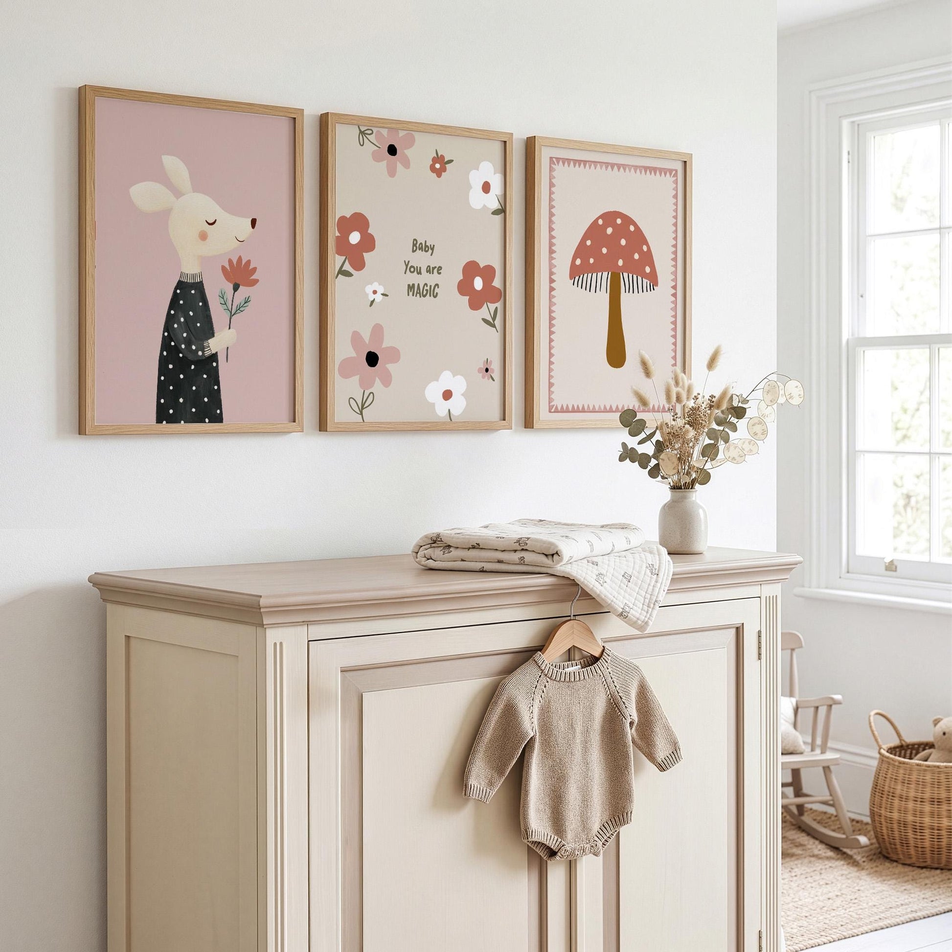You Are Magic Nursery Wall Art Set of 3, Baby Girl Nursery Decor, Mushroom & Mouse Prints