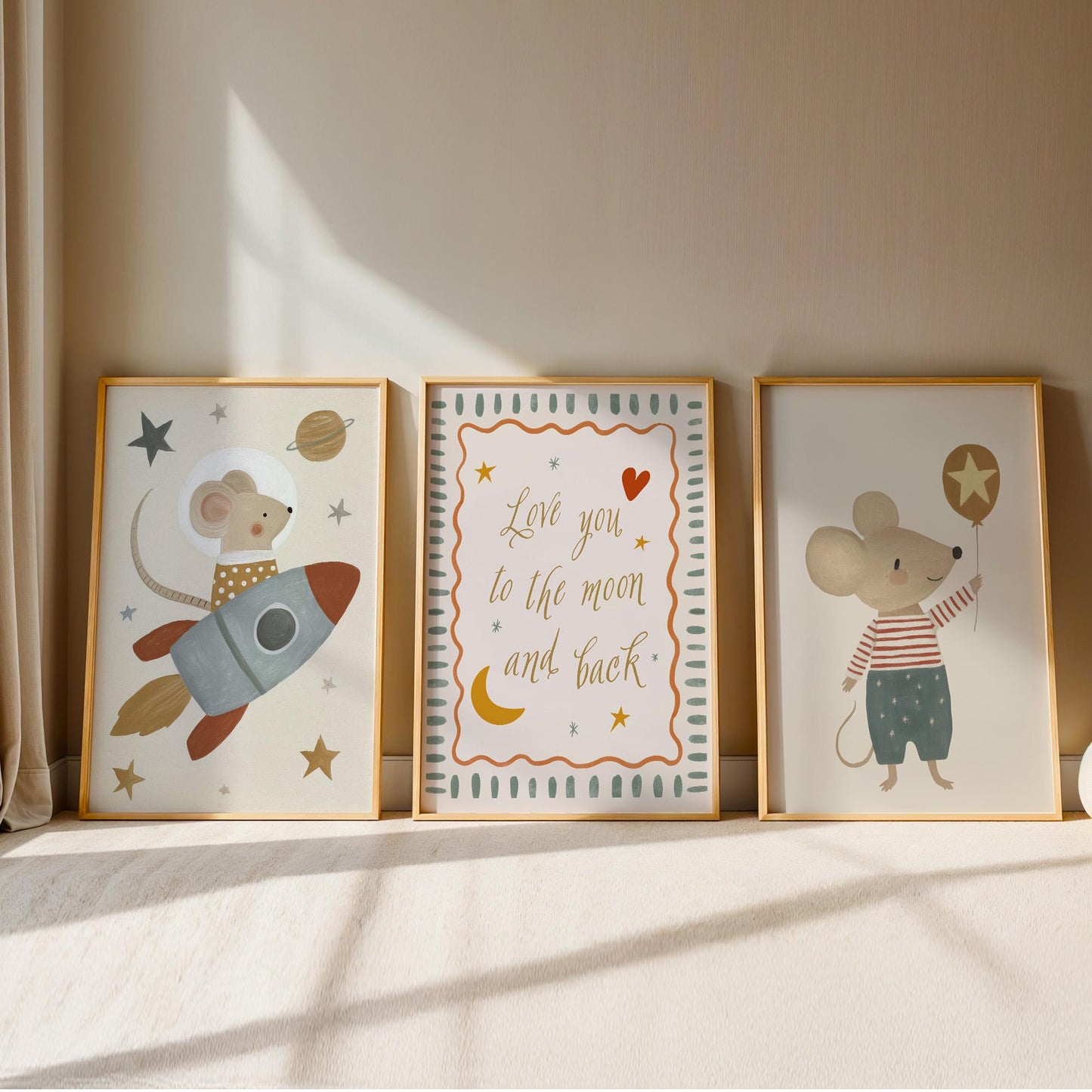 Space Mouse Nursery Wall Art Set of 3, Love You to the Moon and Back Neutral Nursery Prints