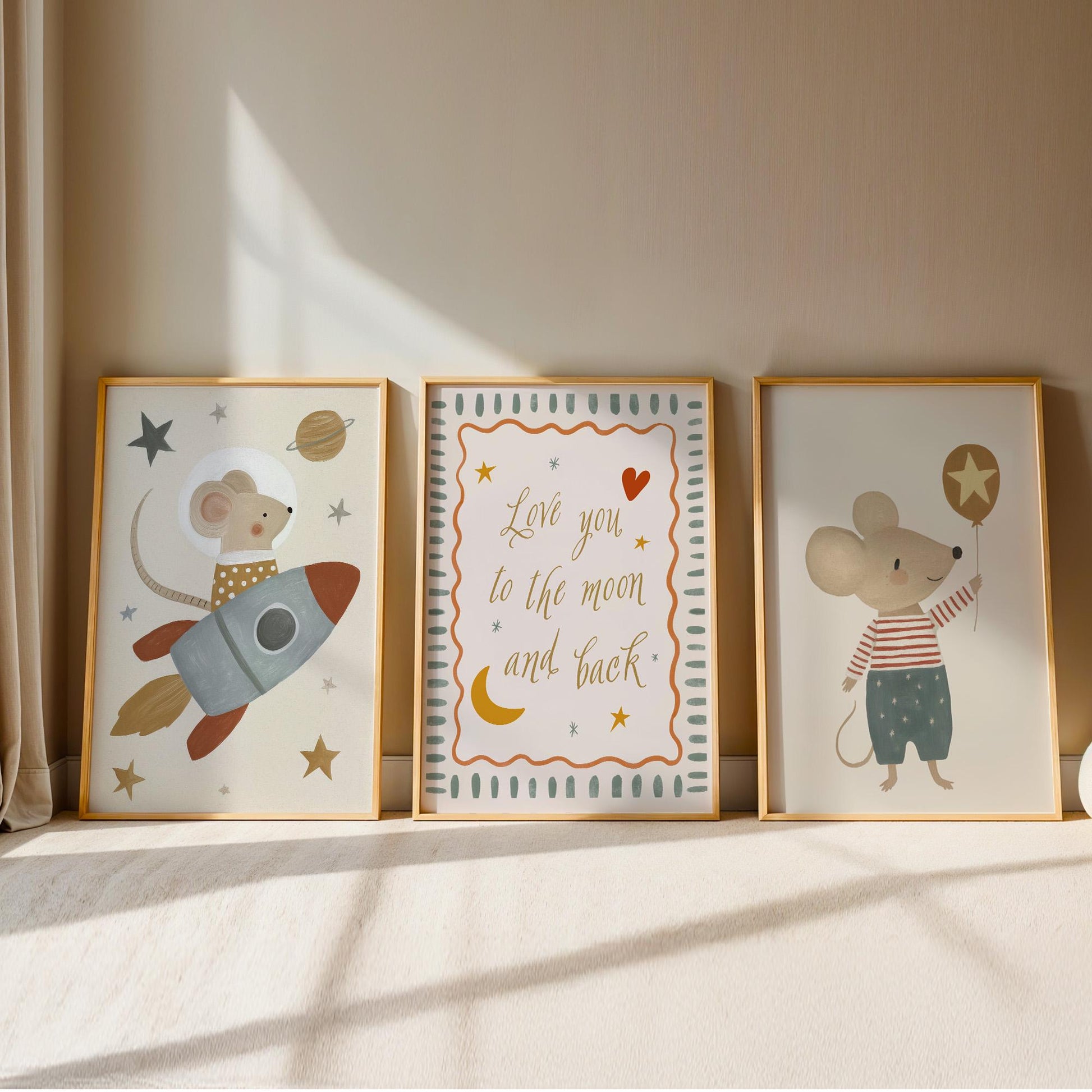 Space Mouse Nursery Wall Art Set of 3, Love You to the Moon and Back Neutral Nursery Prints