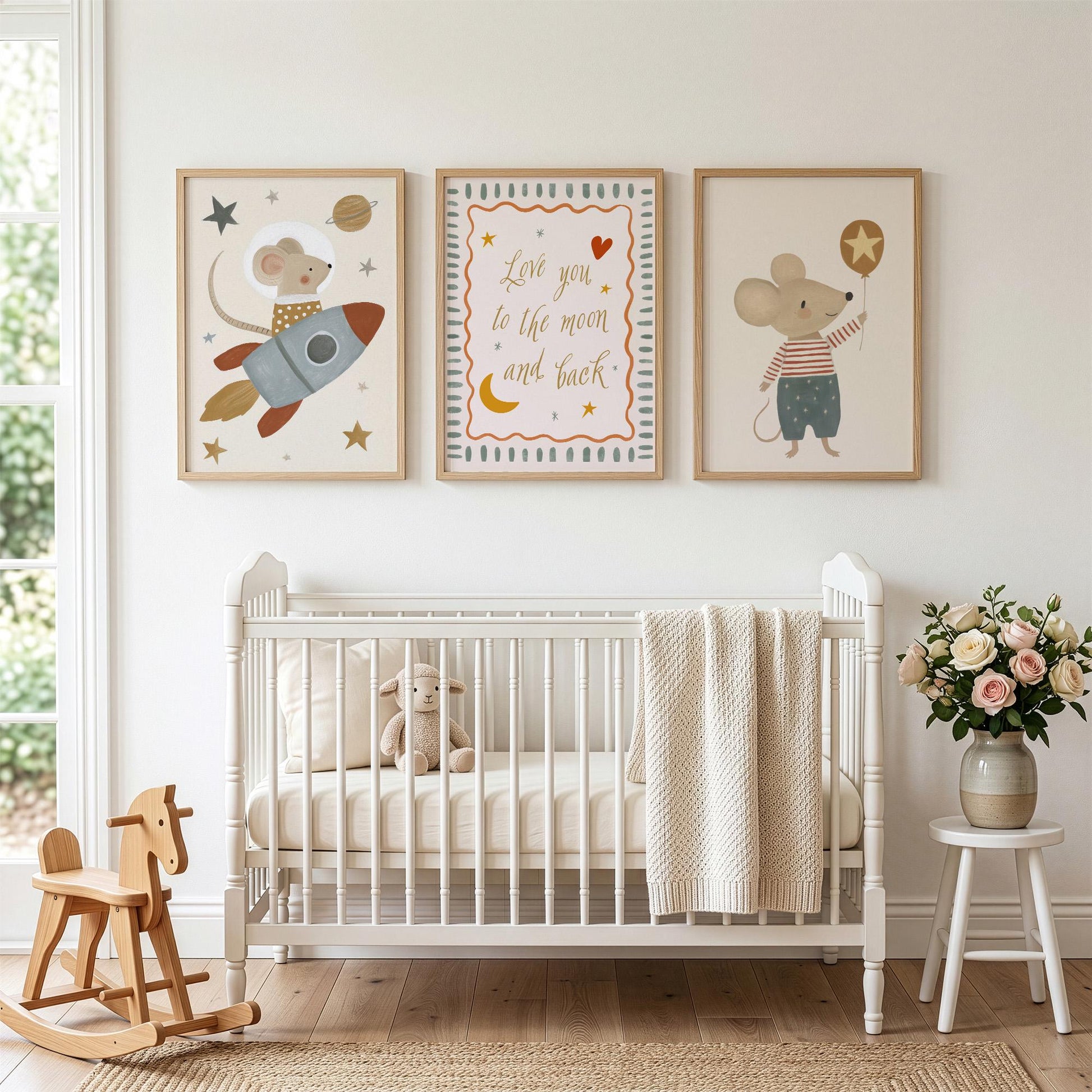 Space Mouse Nursery Wall Art Set of 3, Love You to the Moon and Back Neutral Nursery Prints