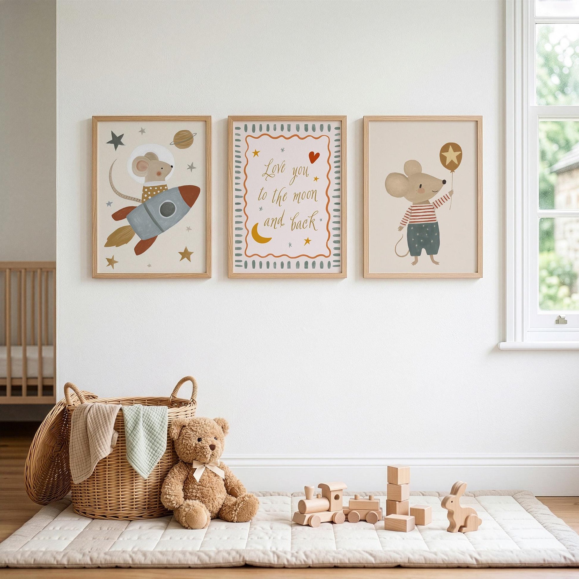 Space Mouse Nursery Wall Art Set of 3, Love You to the Moon and Back Neutral Nursery Prints