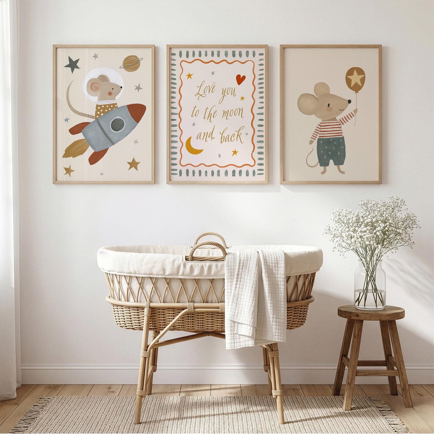 Space Mouse Nursery Wall Art Set of 3, Love You to the Moon and Back Neutral Nursery Prints