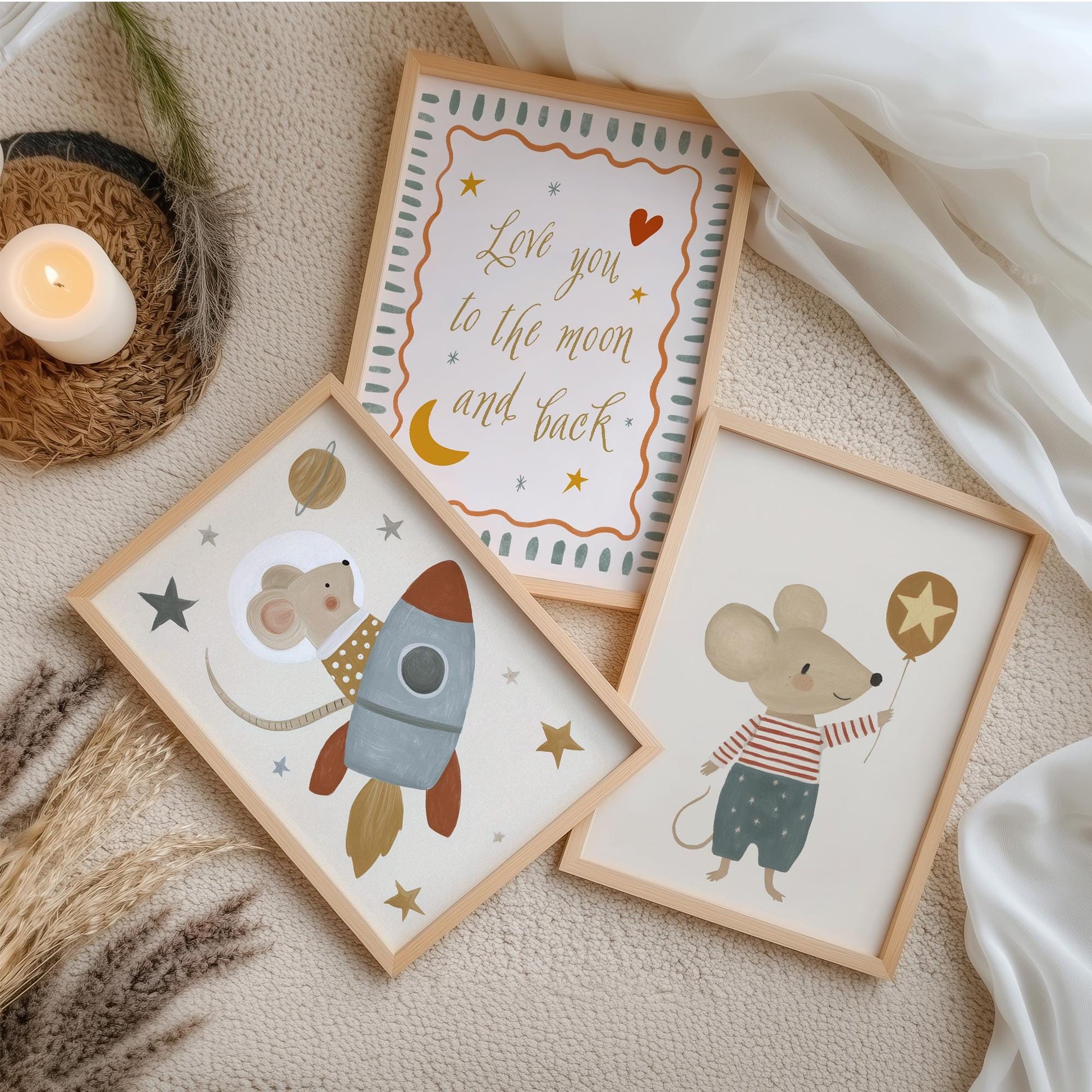 Space Mouse Nursery Wall Art Set of 3, Love You to the Moon and Back Neutral Nursery Prints