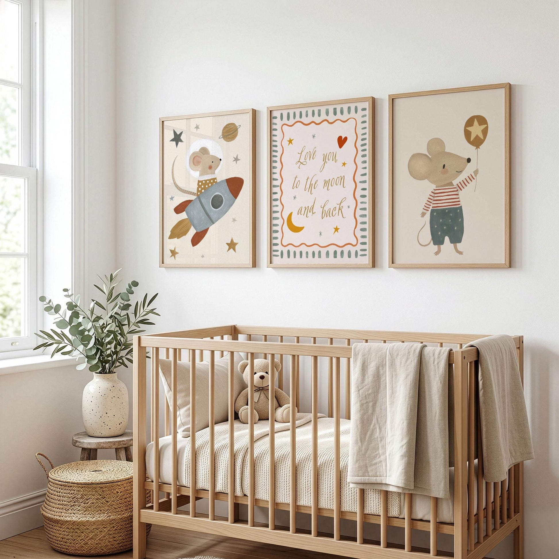 Space Mouse Nursery Wall Art Set of 3, Love You to the Moon and Back Neutral Nursery Prints