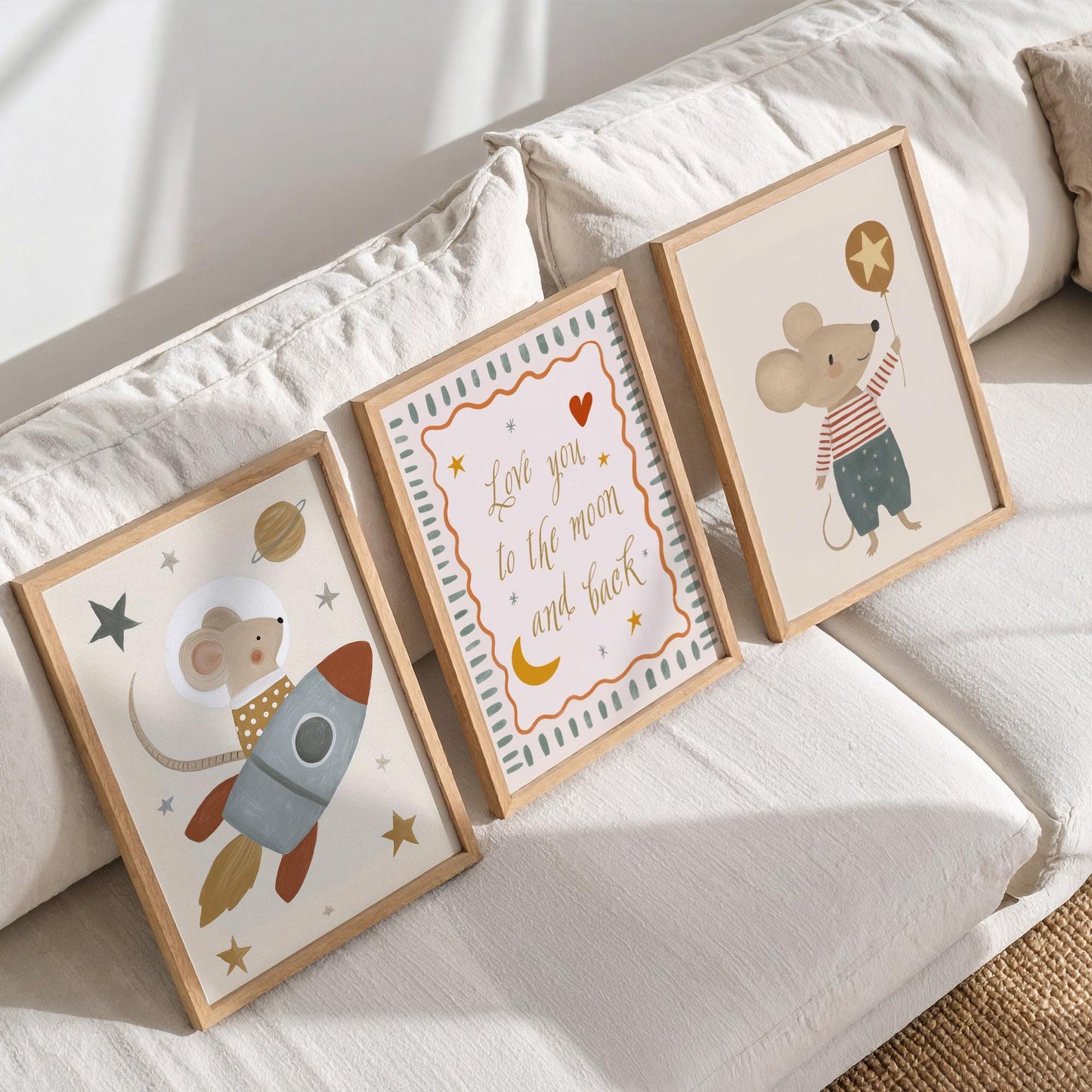 Space Mouse Nursery Wall Art Set of 3, Love You to the Moon and Back Neutral Nursery Prints