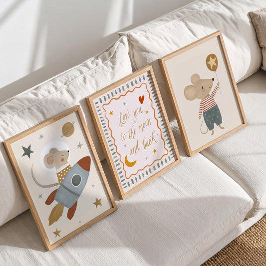 Space Mouse Nursery Wall Art Set of 3, Love You to the Moon and Back Neutral Nursery Prints
