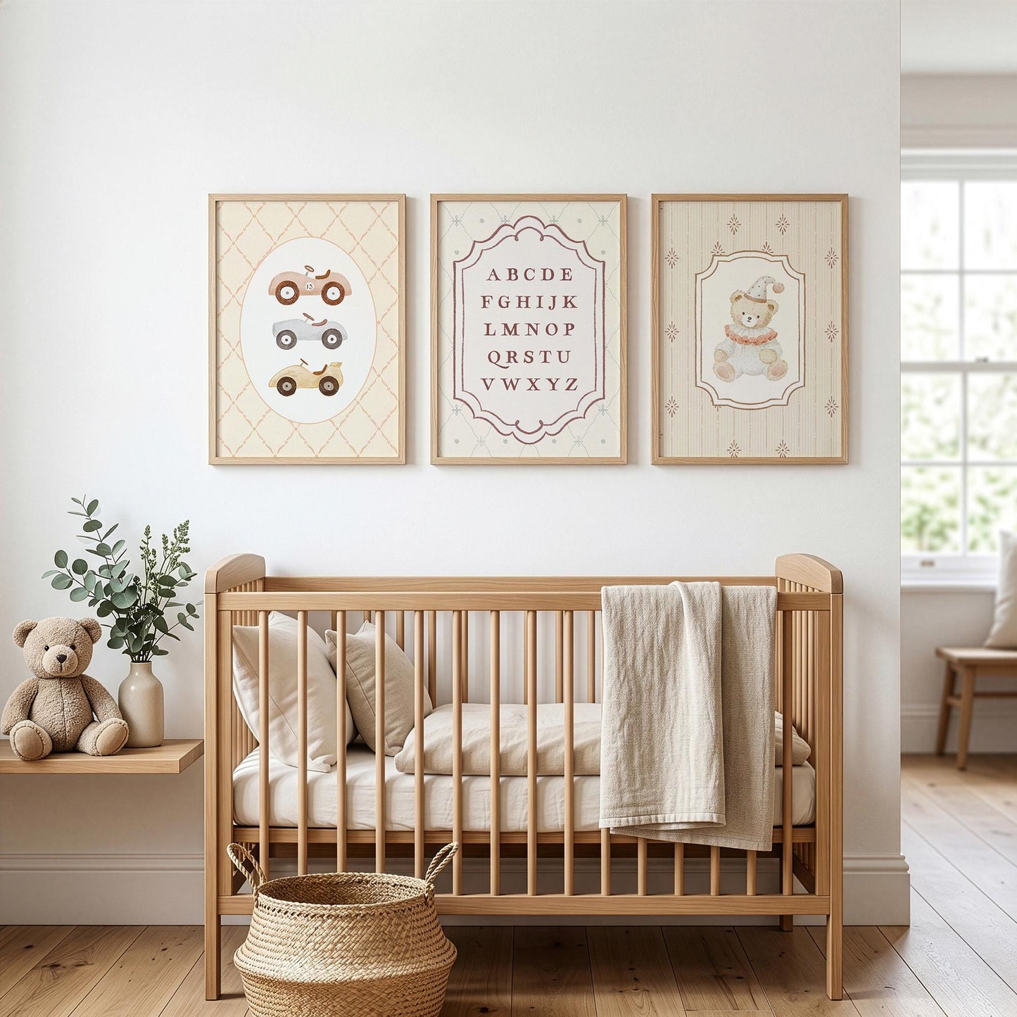 Vintage Alphabet Neutral Nursery Prints Set of 3, Baby Boy's Car Wall Art