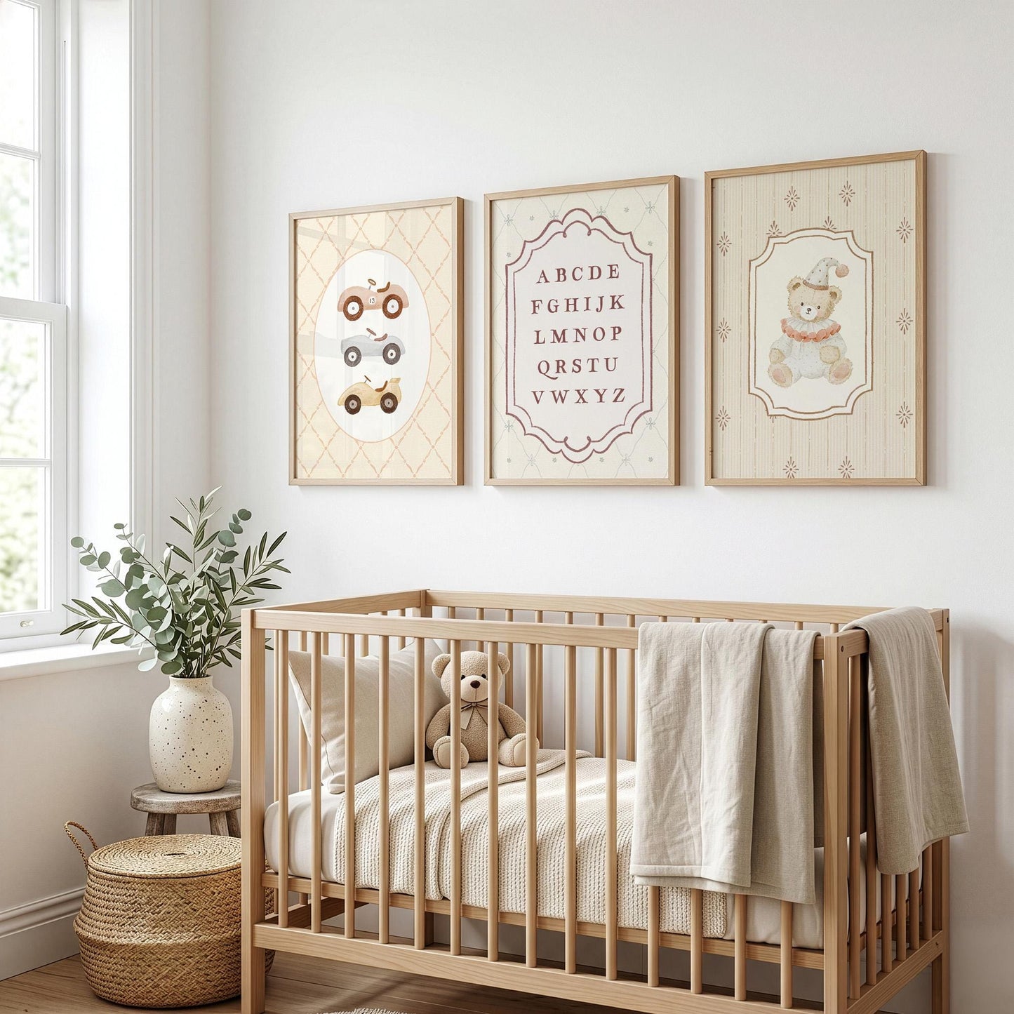 Vintage Alphabet Neutral Nursery Prints Set of 3, Baby Boy's Car Wall Art