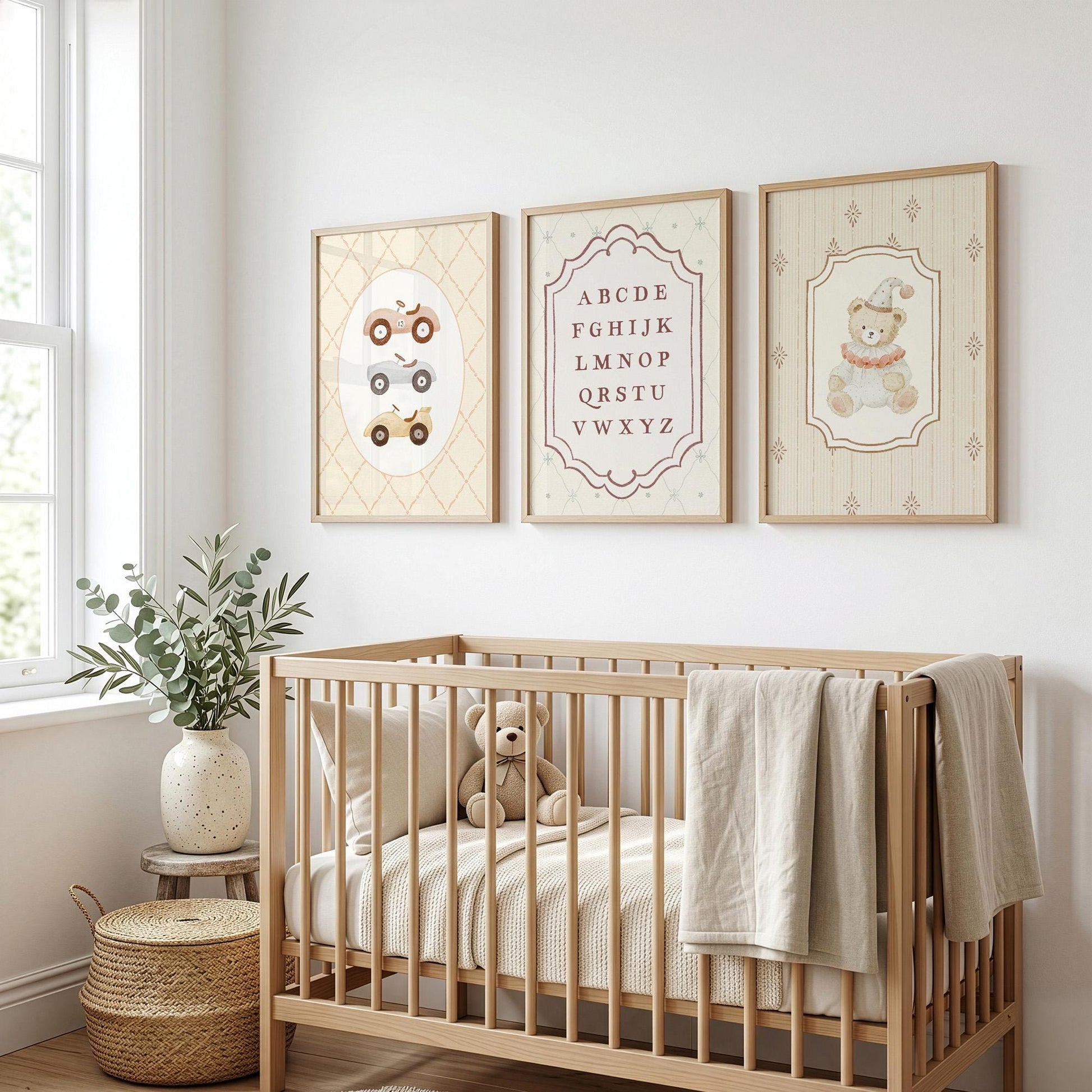 Vintage Alphabet Neutral Nursery Prints Set of 3, Baby Boy's Car Wall Art