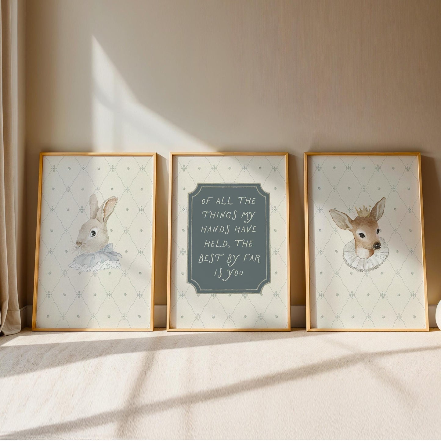 Classic Storybook Vintage Nursery Wall Art Set of 3, Rabbit Deer Blue Baby Room Prints