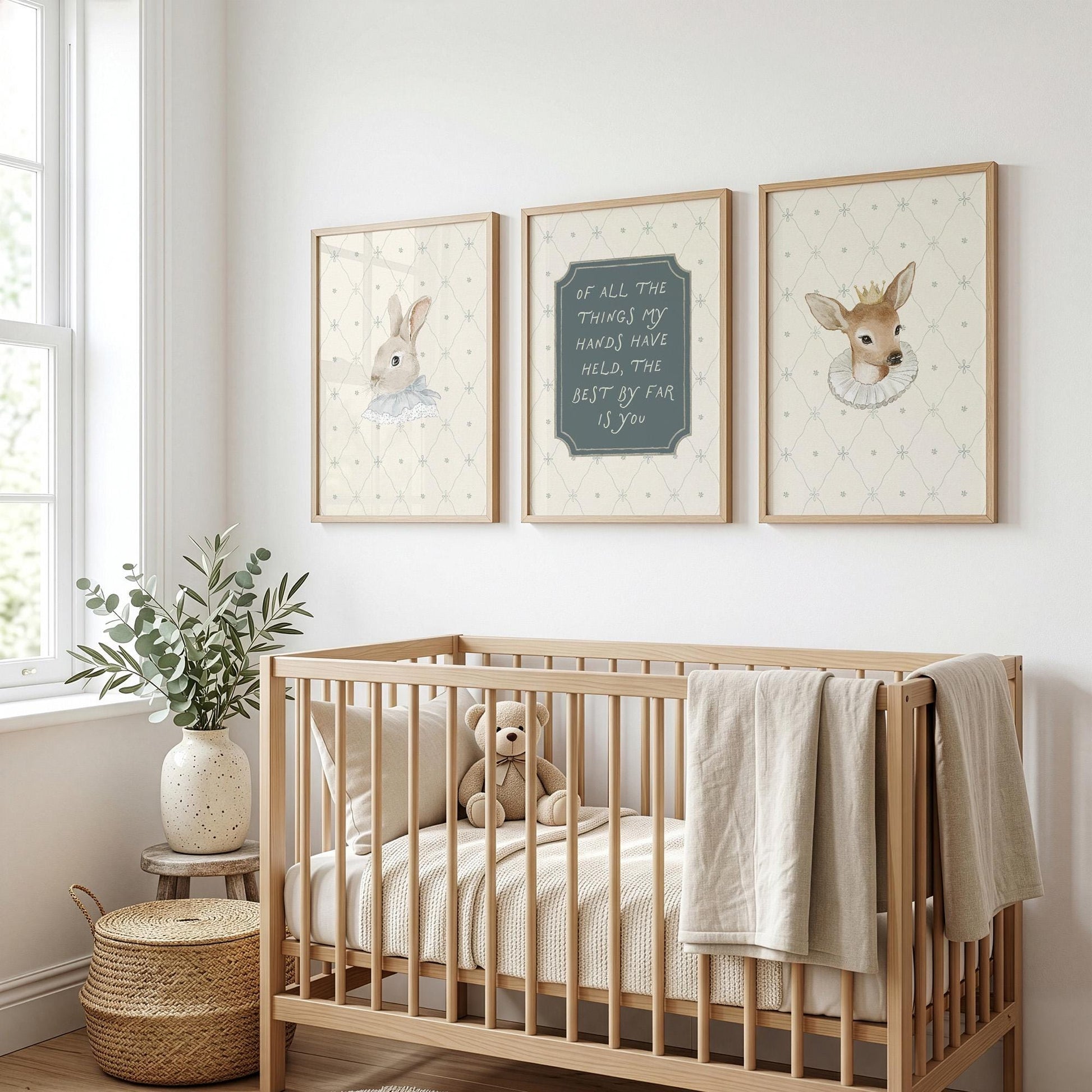 Classic Storybook Vintage Nursery Wall Art Set of 3, Rabbit Deer Blue Baby Room Prints