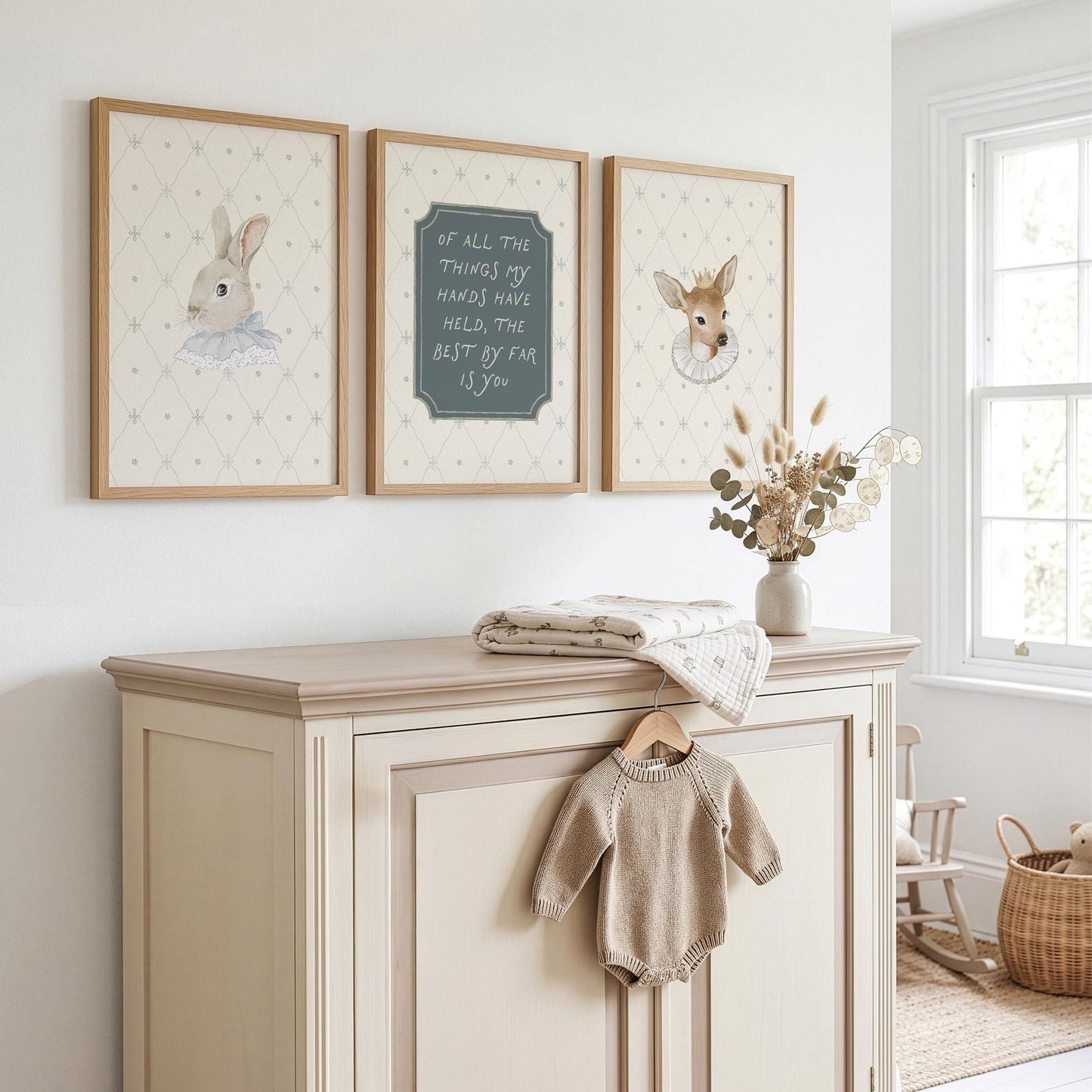 Classic Storybook Vintage Nursery Wall Art Set of 3, Rabbit Deer Blue Baby Room Prints