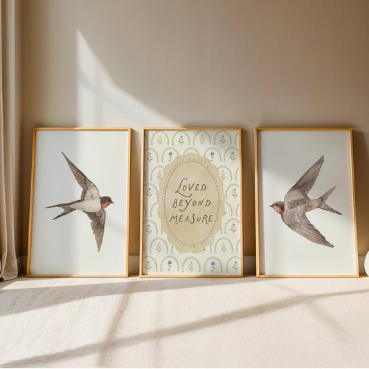 Vintage Bird Nursery Prints, Set of 3, Swallow Loved Beyond Measure Nursery Quote Wall Art