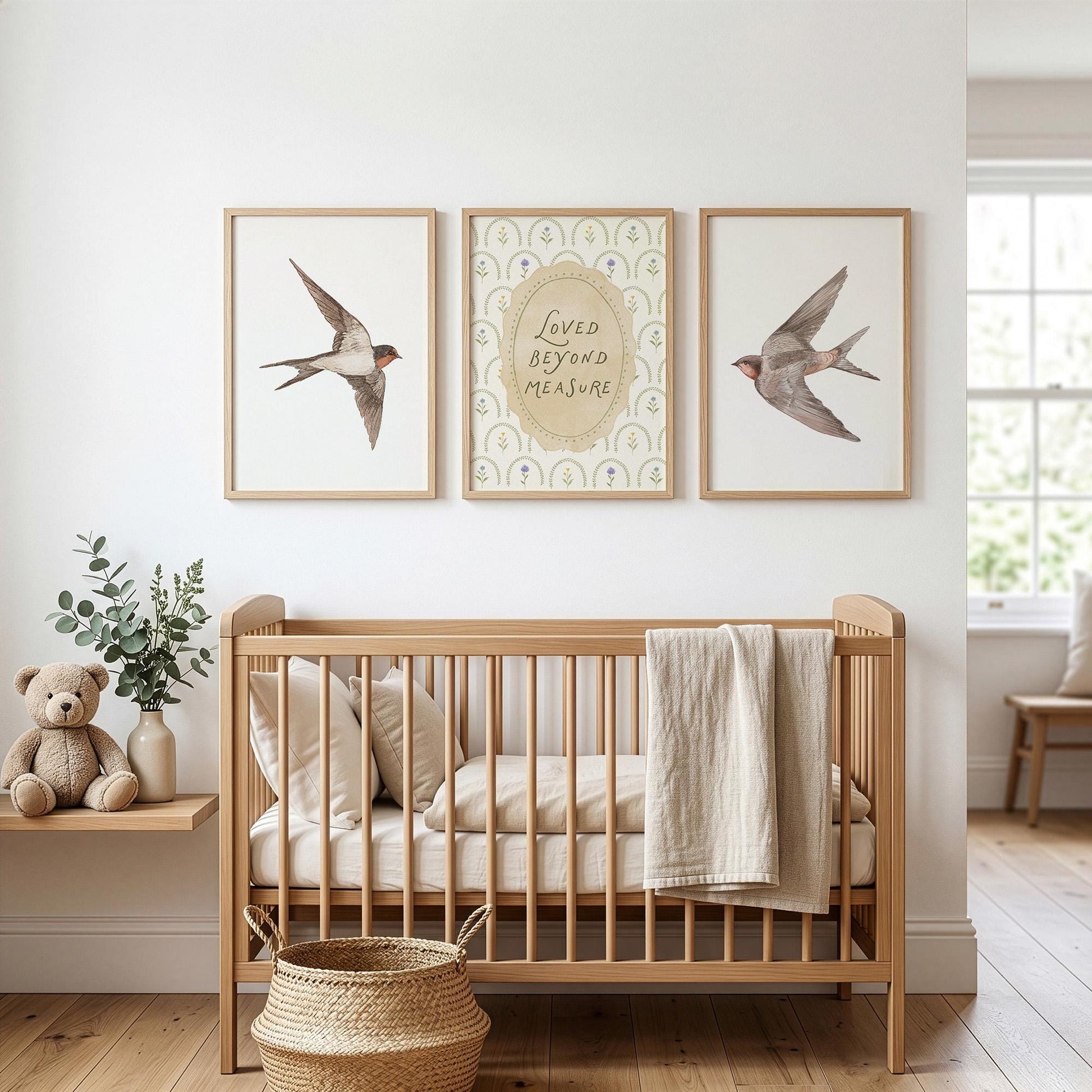 Vintage Bird Nursery Prints, Set of 3, Swallow Loved Beyond Measure Nursery Quote Wall Art