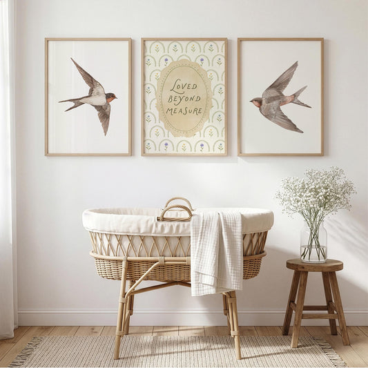 Vintage Bird Nursery Prints, Set of 3, Swallow Loved Beyond Measure Nursery Quote Wall Art