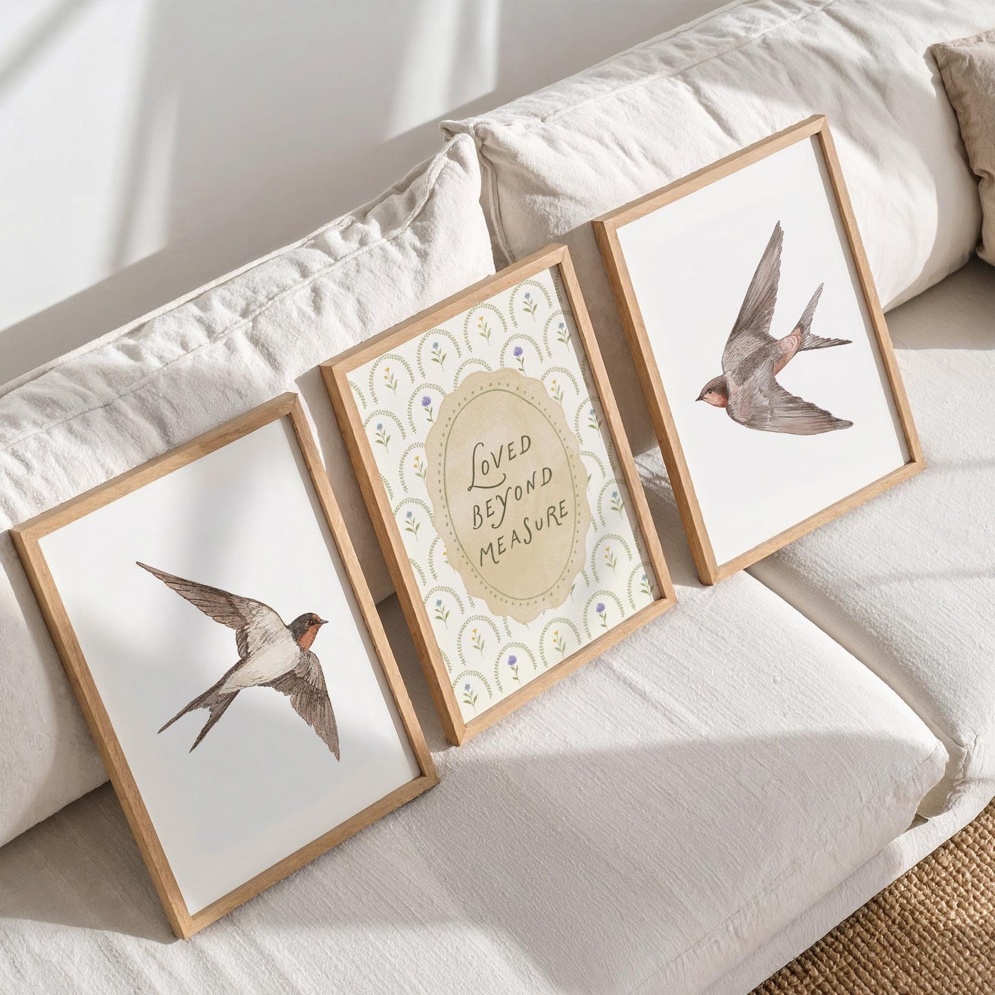 Vintage Bird Nursery Prints, Set of 3, Swallow Loved Beyond Measure Nursery Quote Wall Art