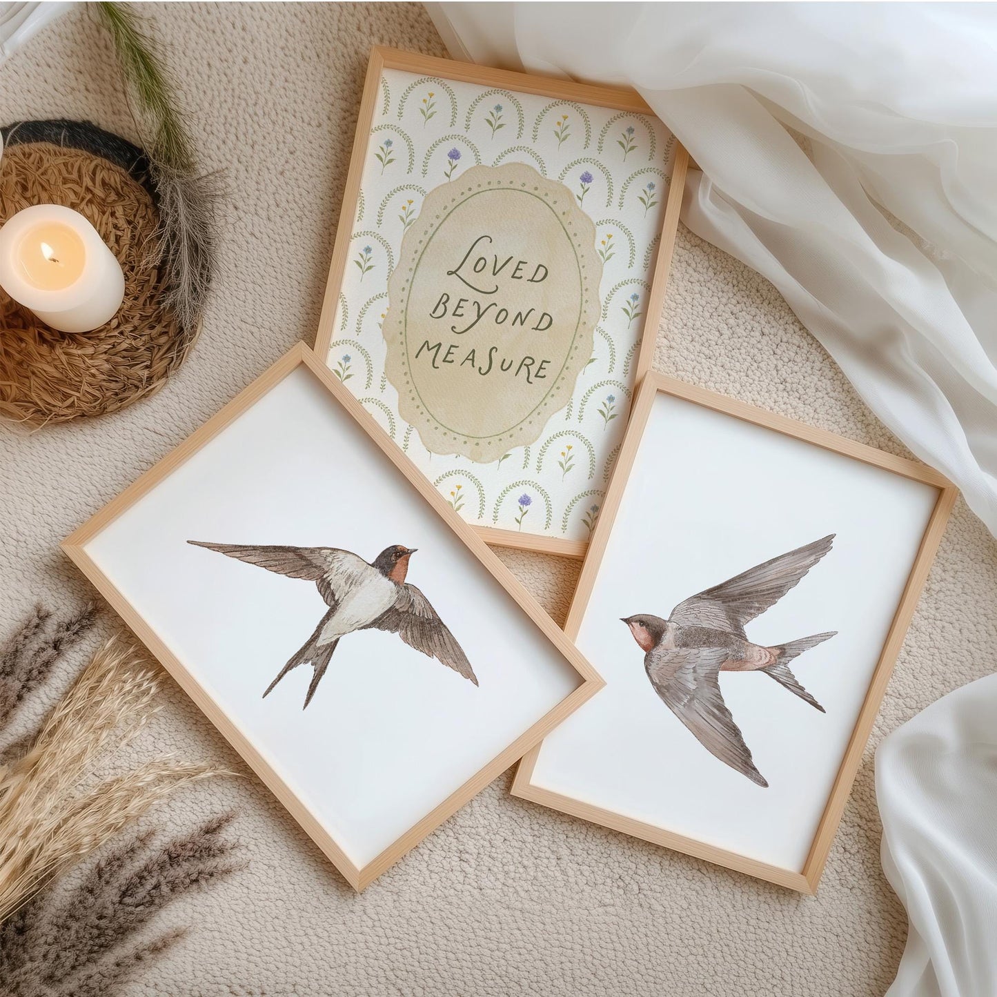 Vintage Bird Nursery Prints, Set of 3, Swallow Loved Beyond Measure Nursery Quote Wall Art