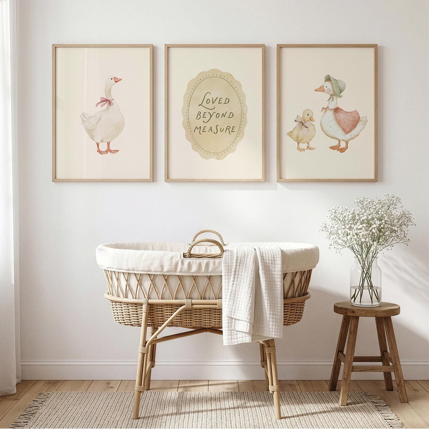 Vintage Goose Nursery Wall Art Set of 3, Duck Prints, Neutral Storybook Baby Room Decor