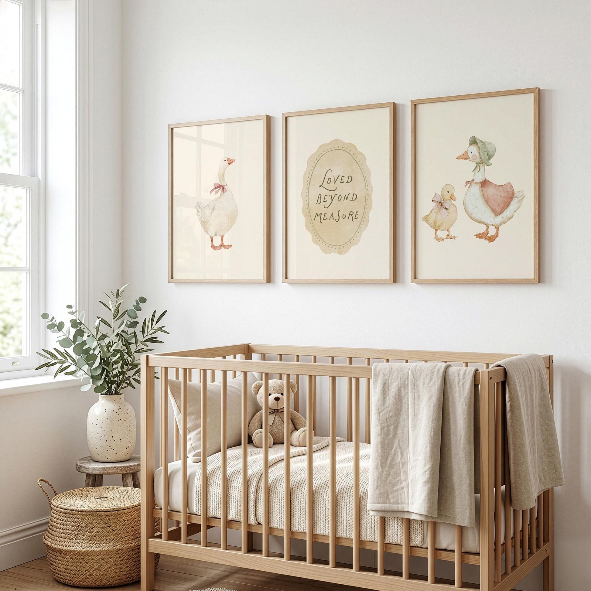 Vintage Goose Nursery Wall Art Set of 3, Duck Prints, Neutral Storybook Baby Room Decor